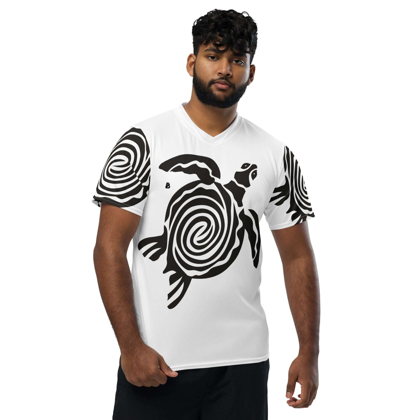 Recyceltes Unisex-Trikot mit Allover-Druck N°0, weißes Trikot mit schwarzen Spiralen, atmungsaktiv und feuchtigkeitsabsorbierend