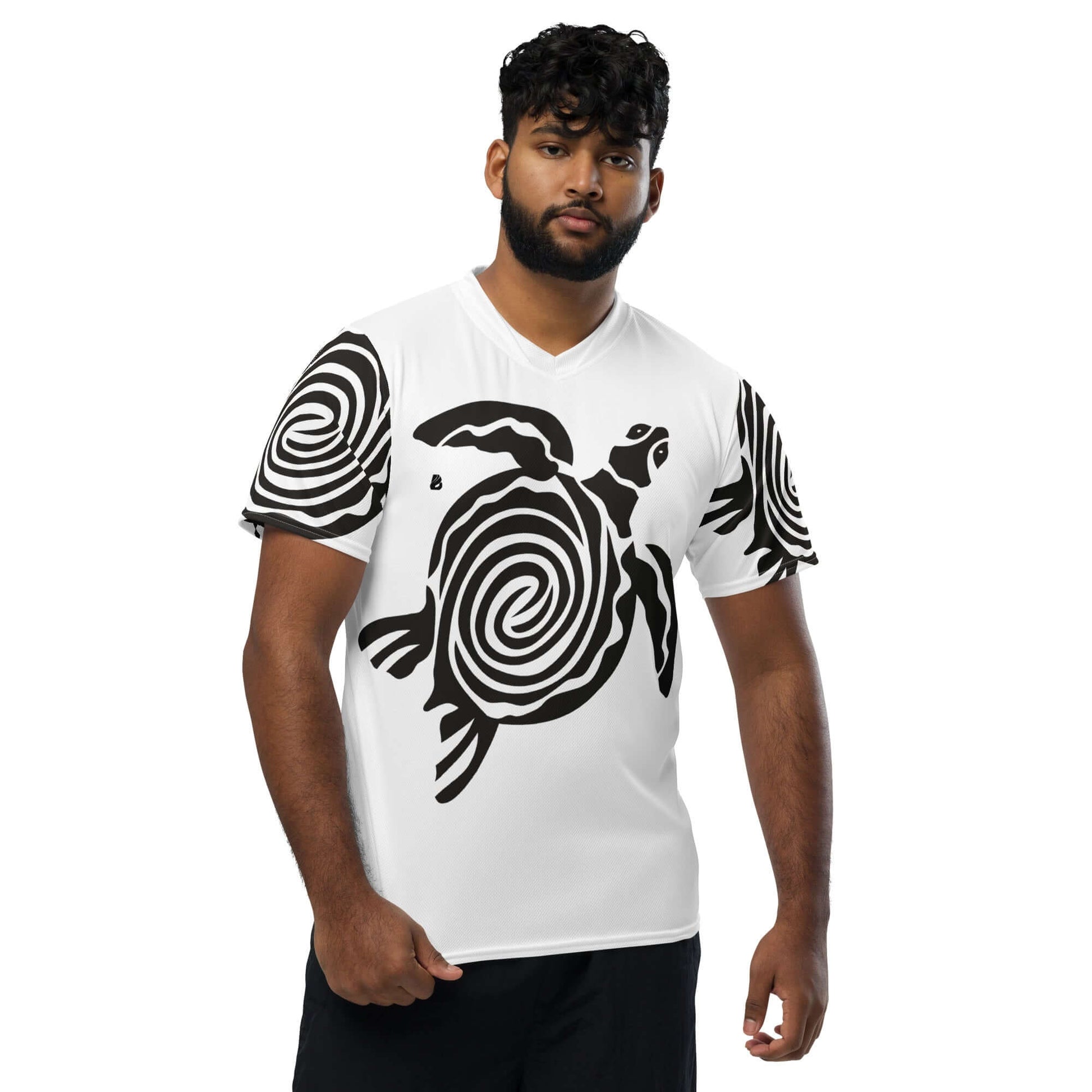 Recyceltes Unisex-Trikot mit Allover-Druck N°0, weißes Trikot mit schwarzen Spiralen, atmungsaktiv und feuchtigkeitsabsorbierend