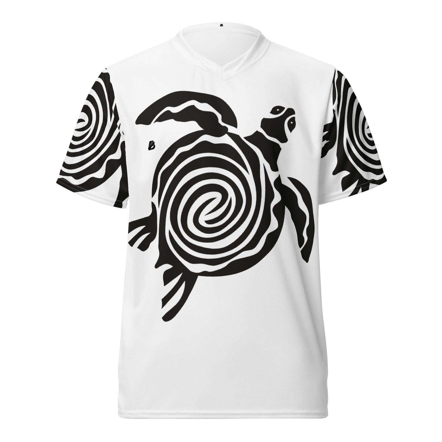 Recyceltes Unisex-Trikot mit Allover-Druck N°0, weiß mit schwarzem Schildkrötenmotiv, atmungsaktiv und feuchtigkeitsabsorbierend