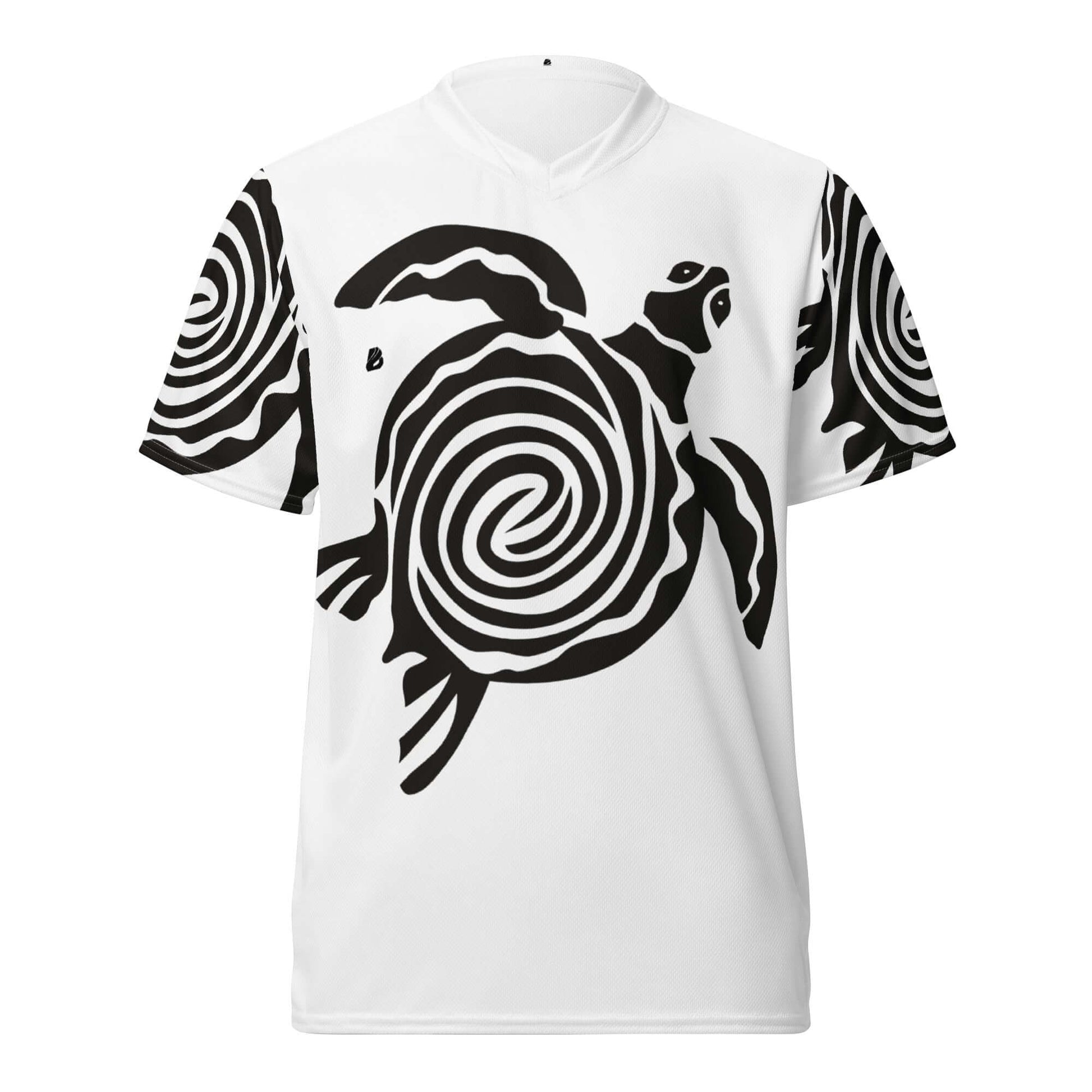 Recyceltes Unisex-Trikot mit Allover-Druck N°0, weiß mit schwarzem Schildkrötenmotiv, atmungsaktiv und feuchtigkeitsabsorbierend