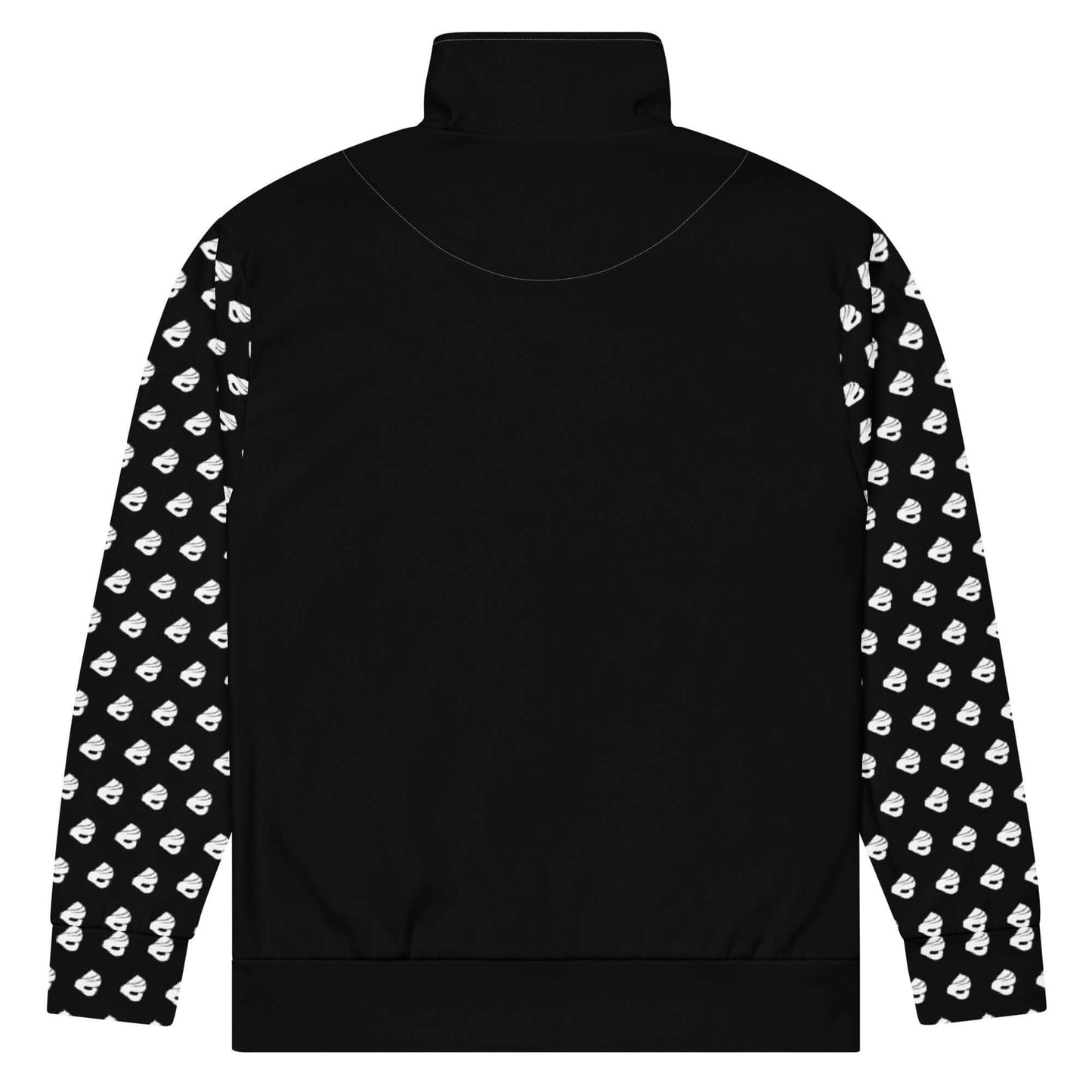 Rear view of black Unisex-Trainingsjacke N°0 with patterned sleeves, ideal for workouts and outdoor activities.