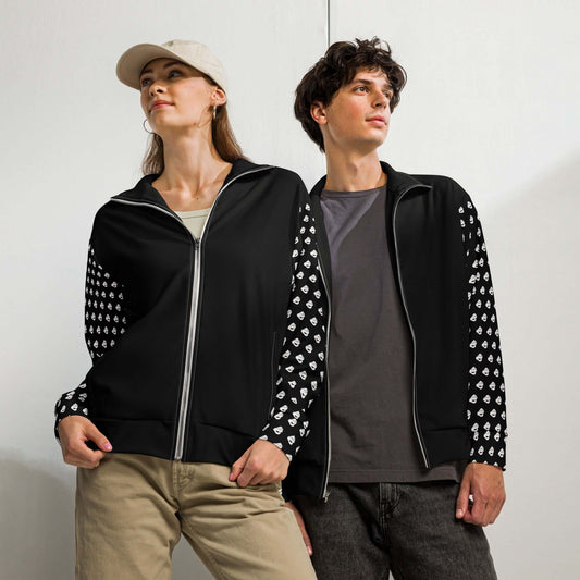 Unisex-Trainingsjacke N°0; stylish black zip jacket with patterned sleeves, perfect for workouts and everyday wear, worn by two models.