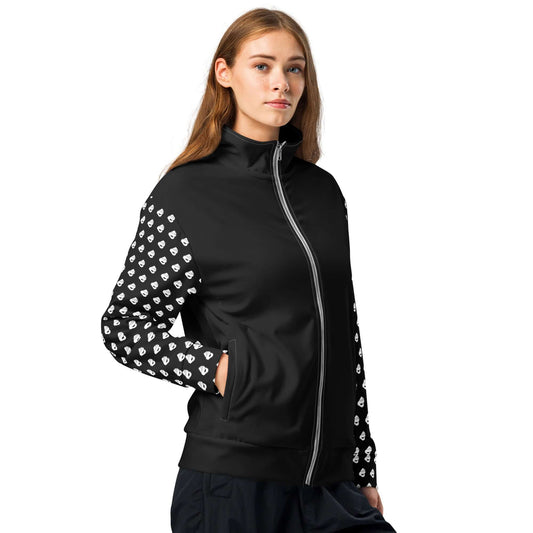 Woman wearing Unisex-Trainingsjacke N°0, black with patterned sleeves, perfect for workouts and everyday use. Eco-friendly fleece design.