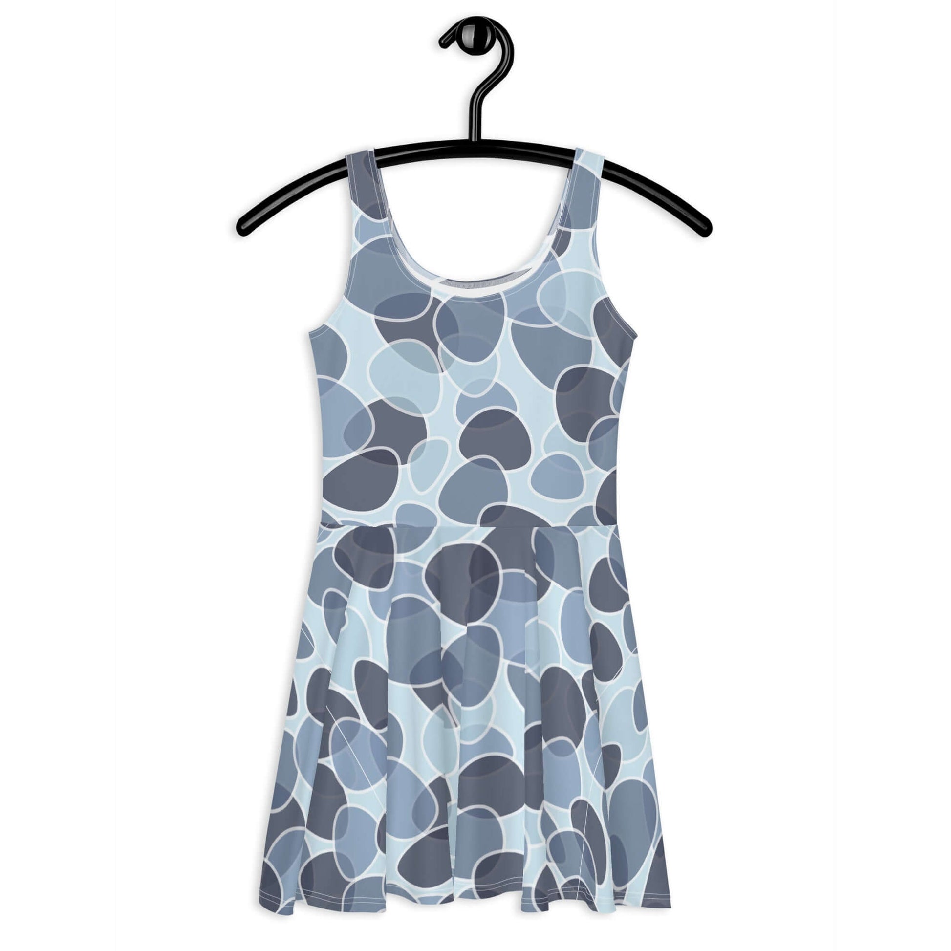 Skater-Kleid N°9 ärmelloses Skater-Kleid mit elegantem ausgestelltem Rock und lebendigem Design in Blau-Grau auf Kleiderbügel