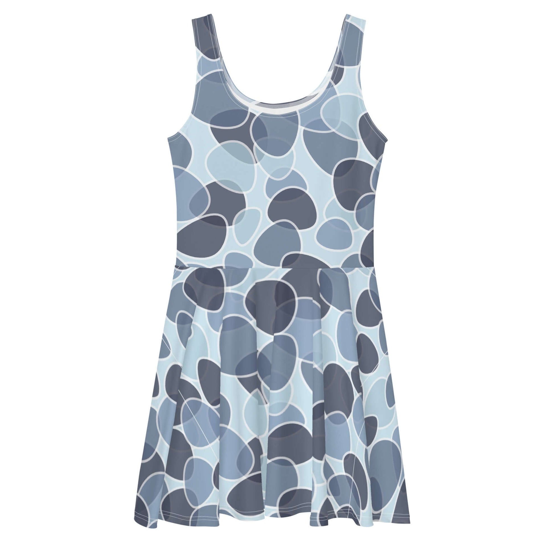 Skater-Kleid N°9 ärmelloses Kleid mit elegantem Design und ausgestelltem Rock in graublauen Mustern.