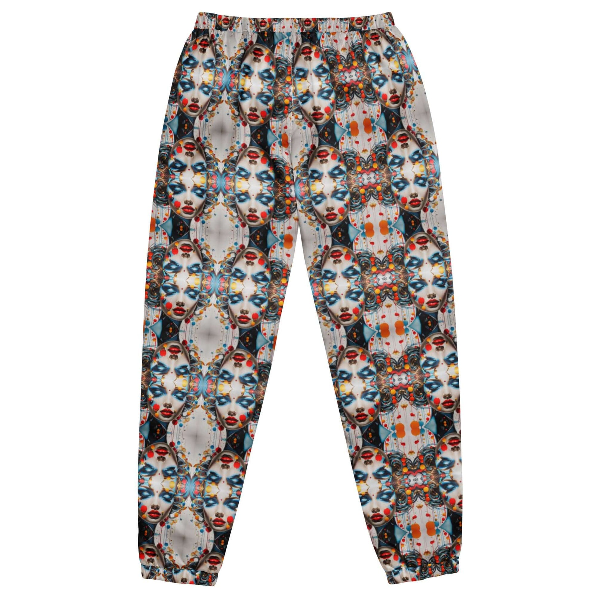 Unisex-Trainingshose N°0 with colorful face pattern, lightweight and water-repellent, featuring elastic cuffs for versatile styling.