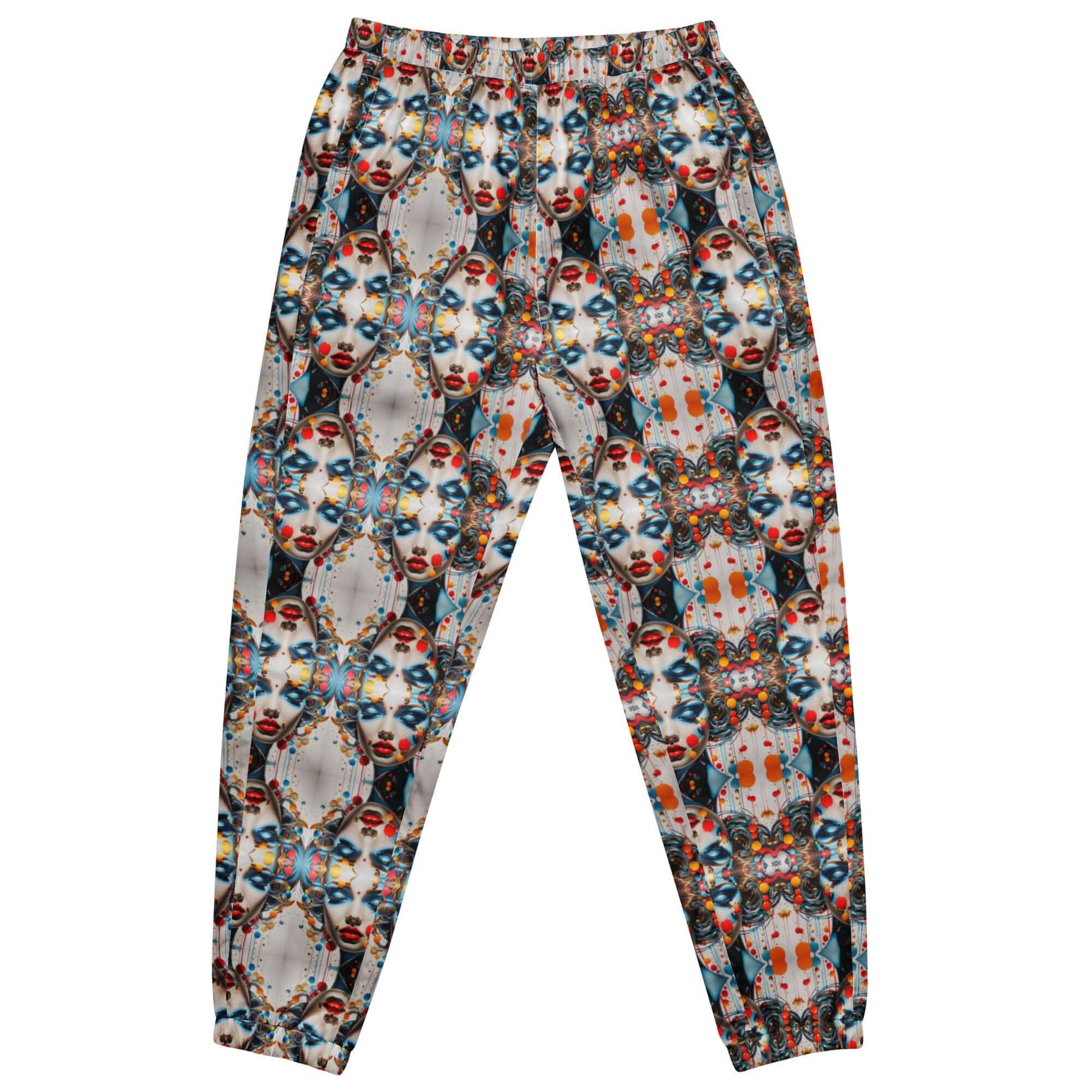 Unisex-Trainingshose N°0 with colorful abstract face pattern, perfect for workouts or streetwear style, features elastic cuffs and lightweight material.