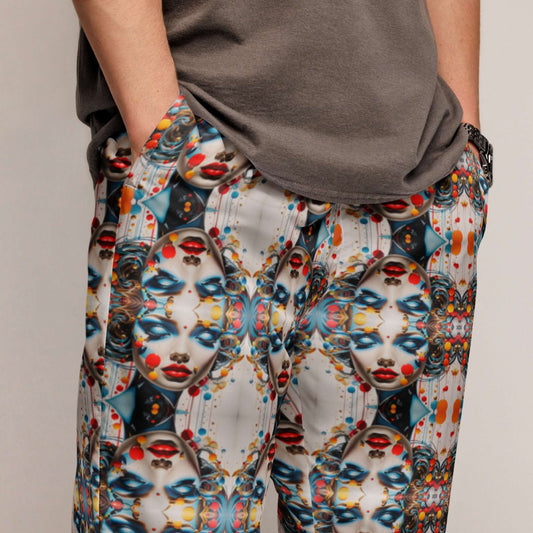 Person wearing colorful patterned pants with abstract face design.
