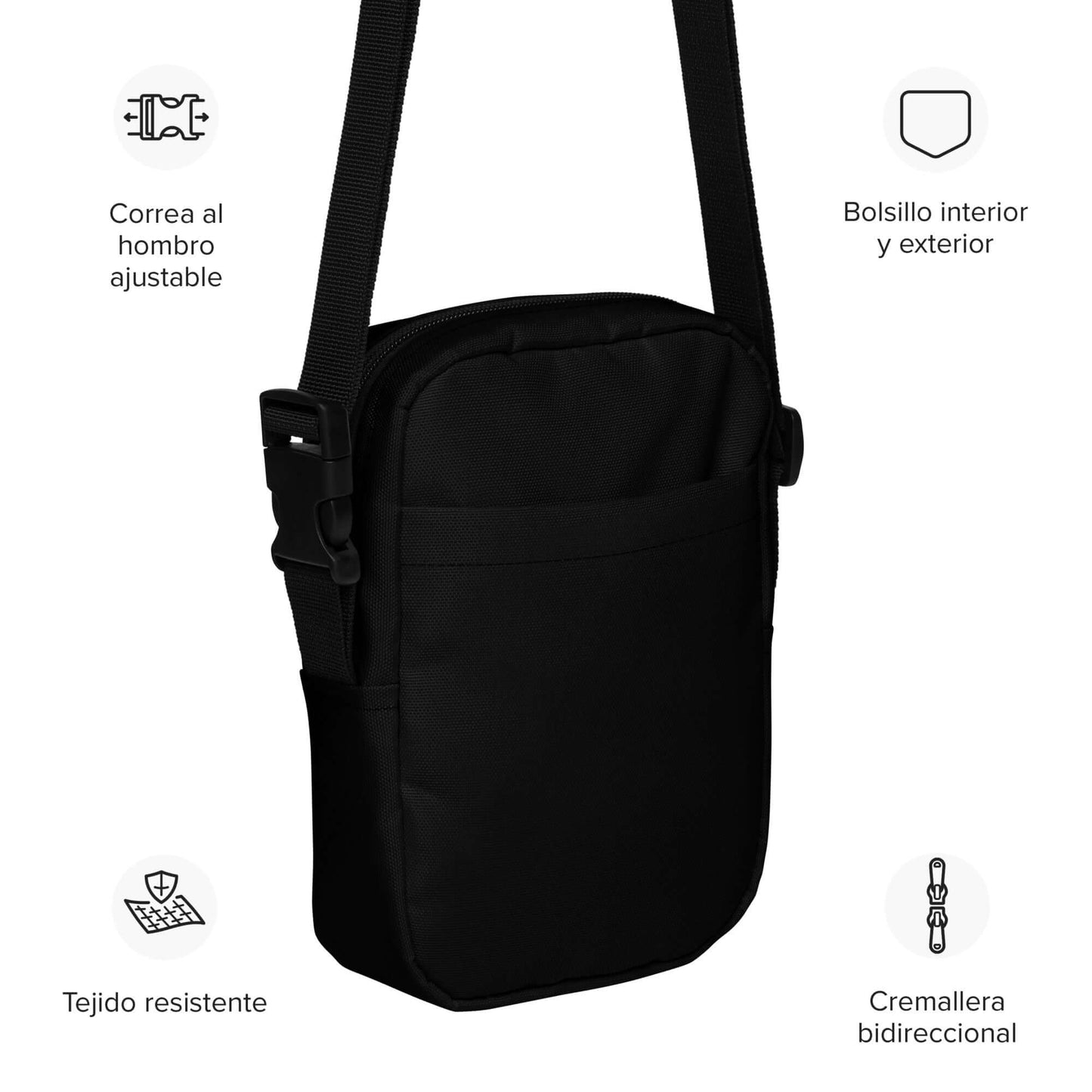 Schwarze Nützliche Umhängetasche N°0 mit verstellbaren Trägern und geräumigen Taschen, ideal für Alltag und Outdoor.