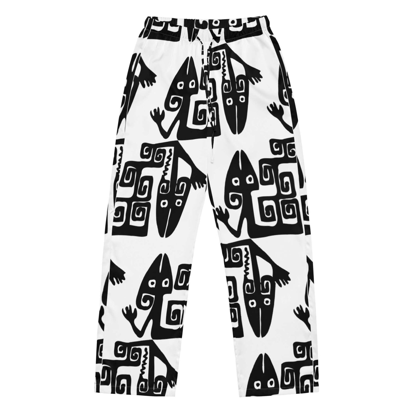 Pyjama-Hose für Damen mit schwarzem Muster auf weißem Hintergrund, aus seidigem Material für luxuriösen Komfort.