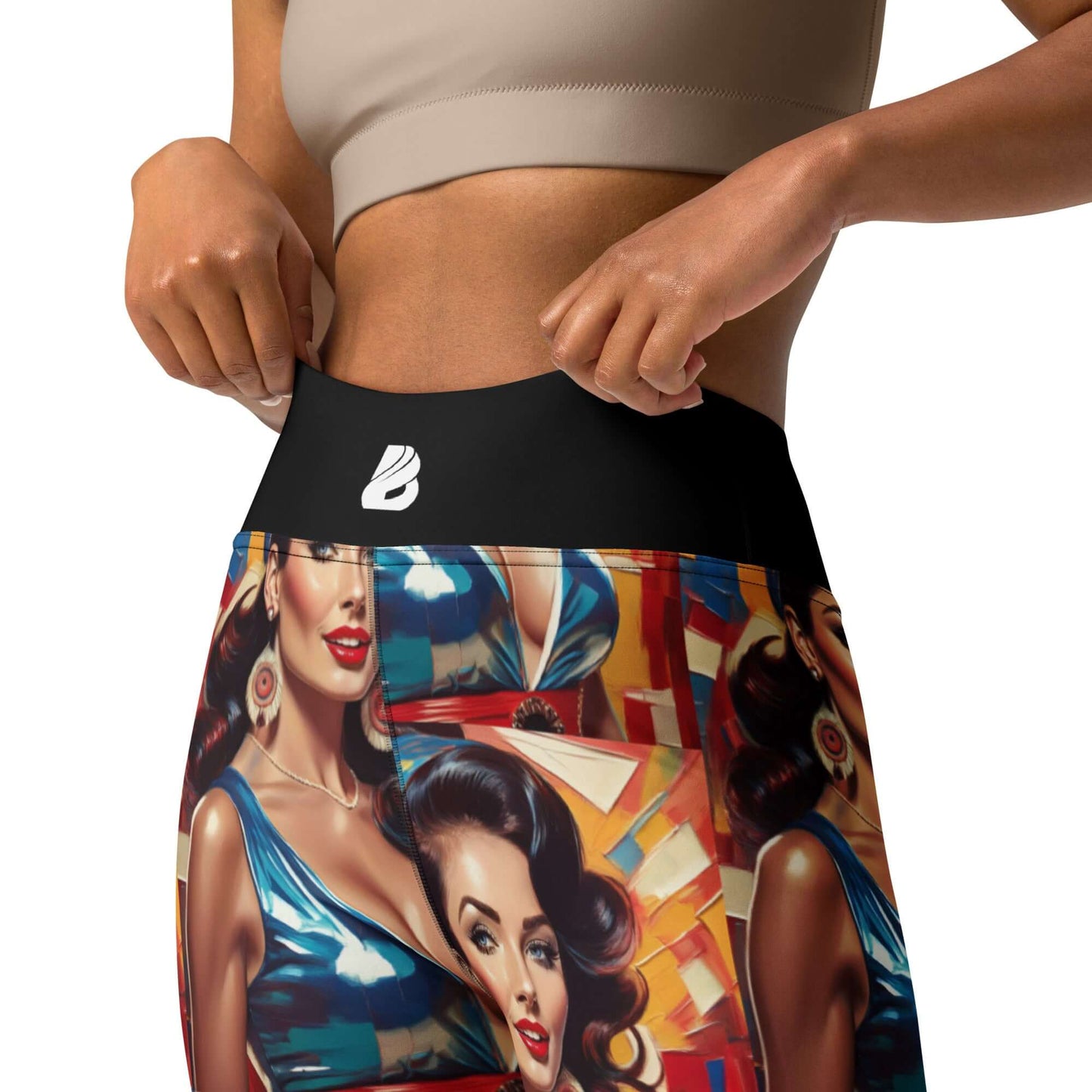 Woman wearing colorful Yoga-Leggings N°48 with high waist and vintage art print