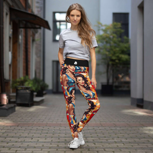 Model wearing colorful Yoga-Leggings N°48, showcasing soft and stretchy fabric with unique design in a street setting.