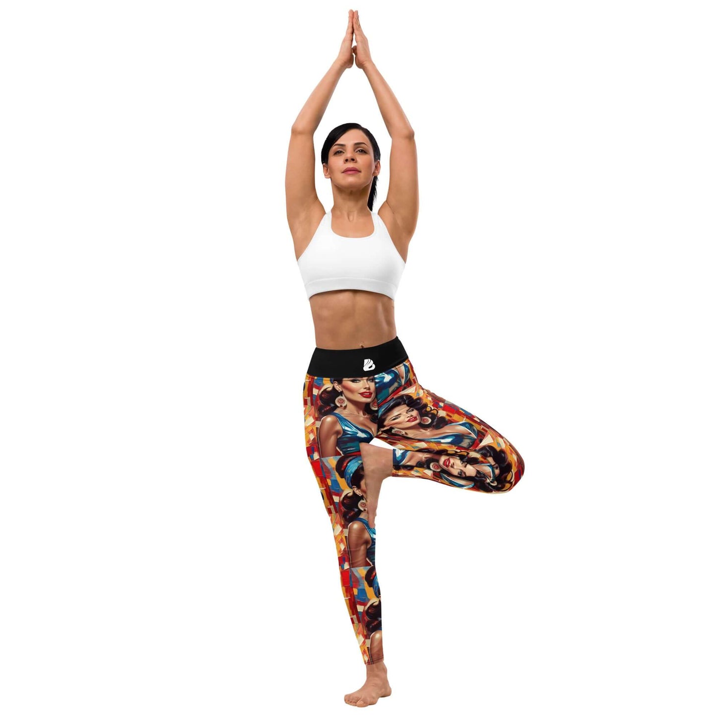 Yoga-Leggings N°48 worn by model in tree pose, showcasing colorful design and comfortable stretch. High-waisted fit perfect for yoga.