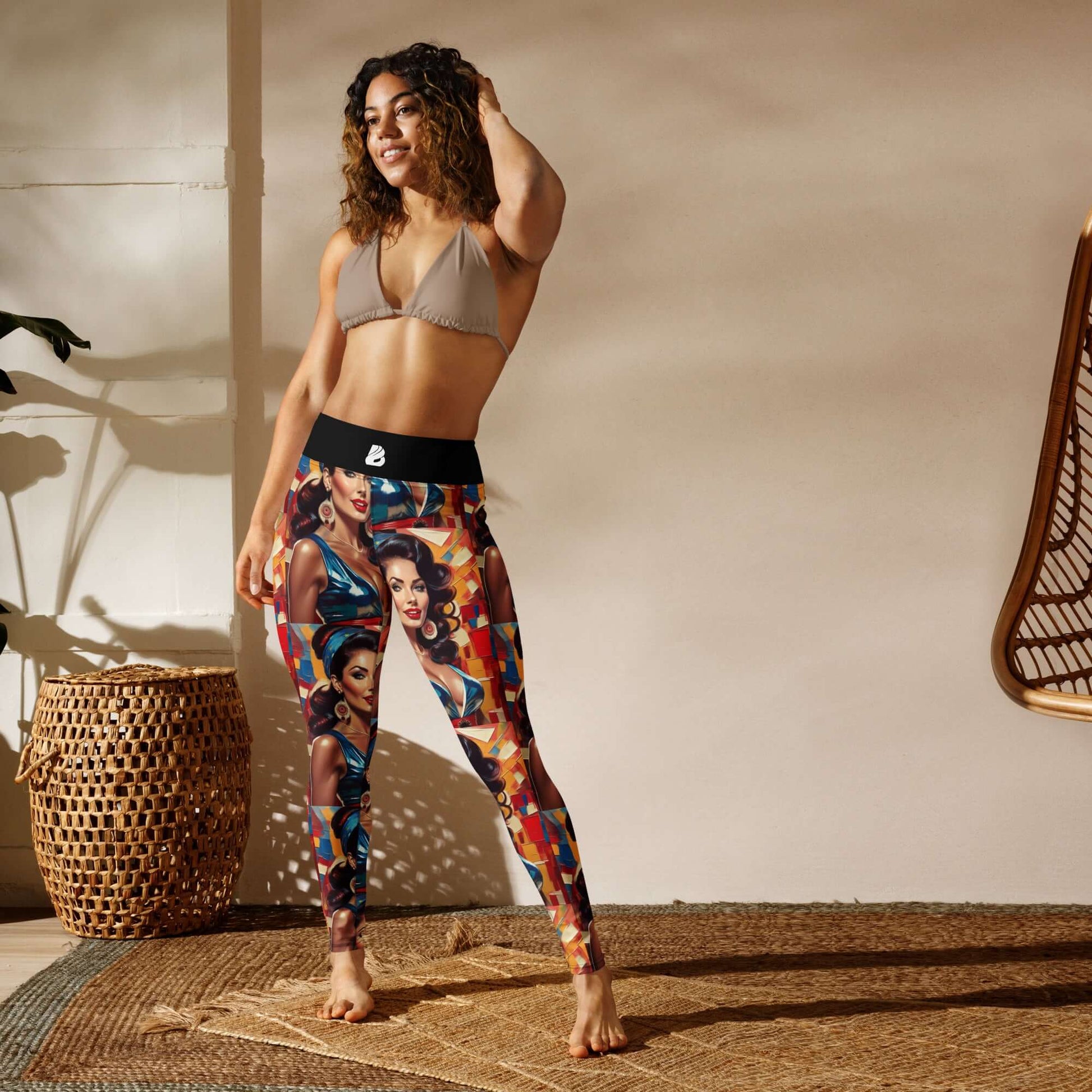 Woman wearing colorful Yoga-Leggings N°48 with high waist, in a cozy room setting, showcasing comfort and stretch.