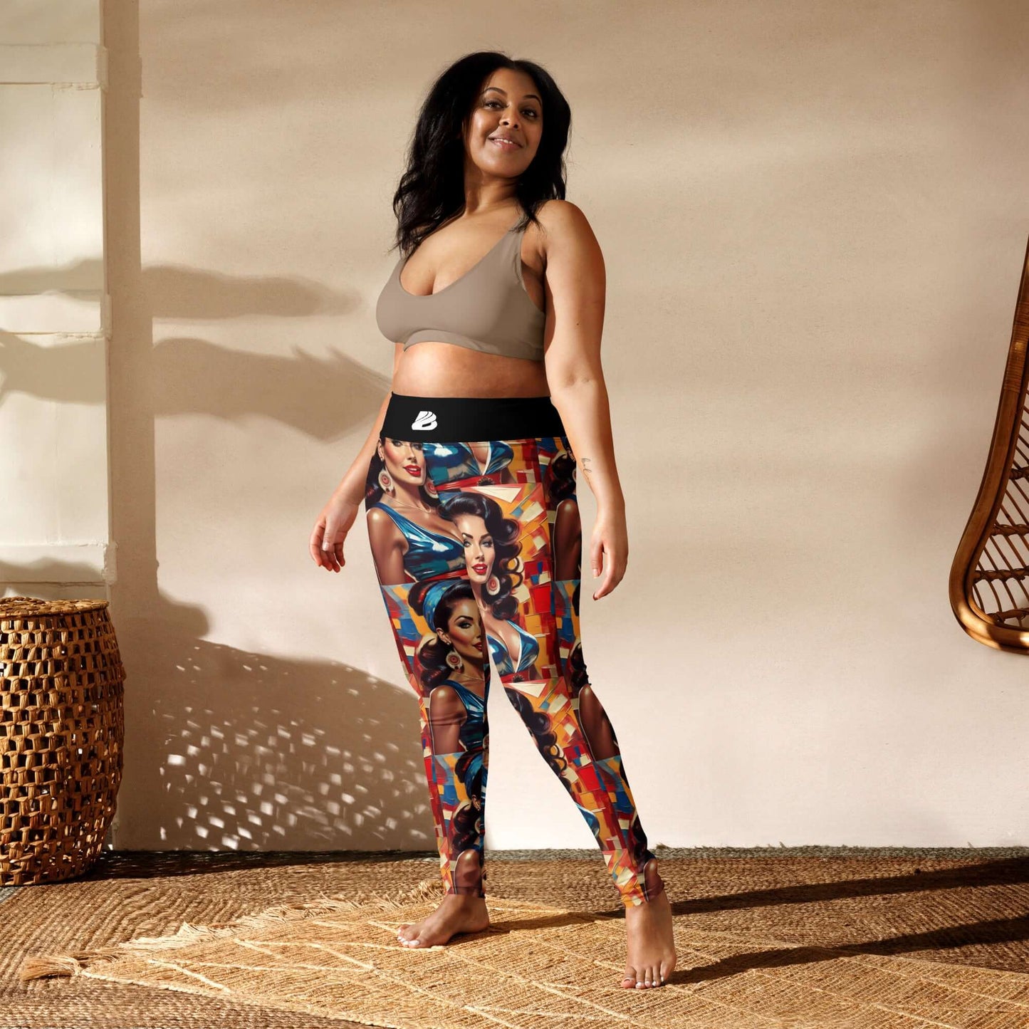 Woman wearing colorful Yoga-Leggings N°48 in a sunlit room, showcasing stretch and comfort features.