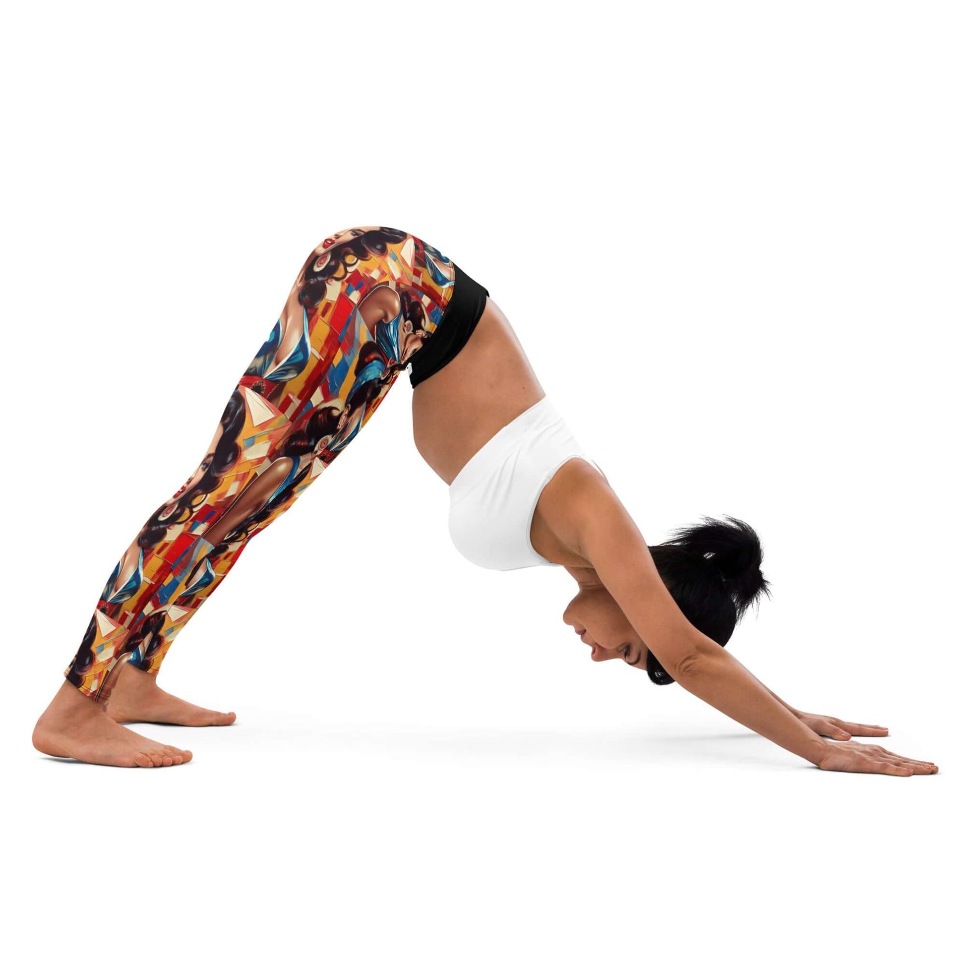 Yoga enthusiast in colorful Yoga-Leggings N°48 performing downward dog pose on white background