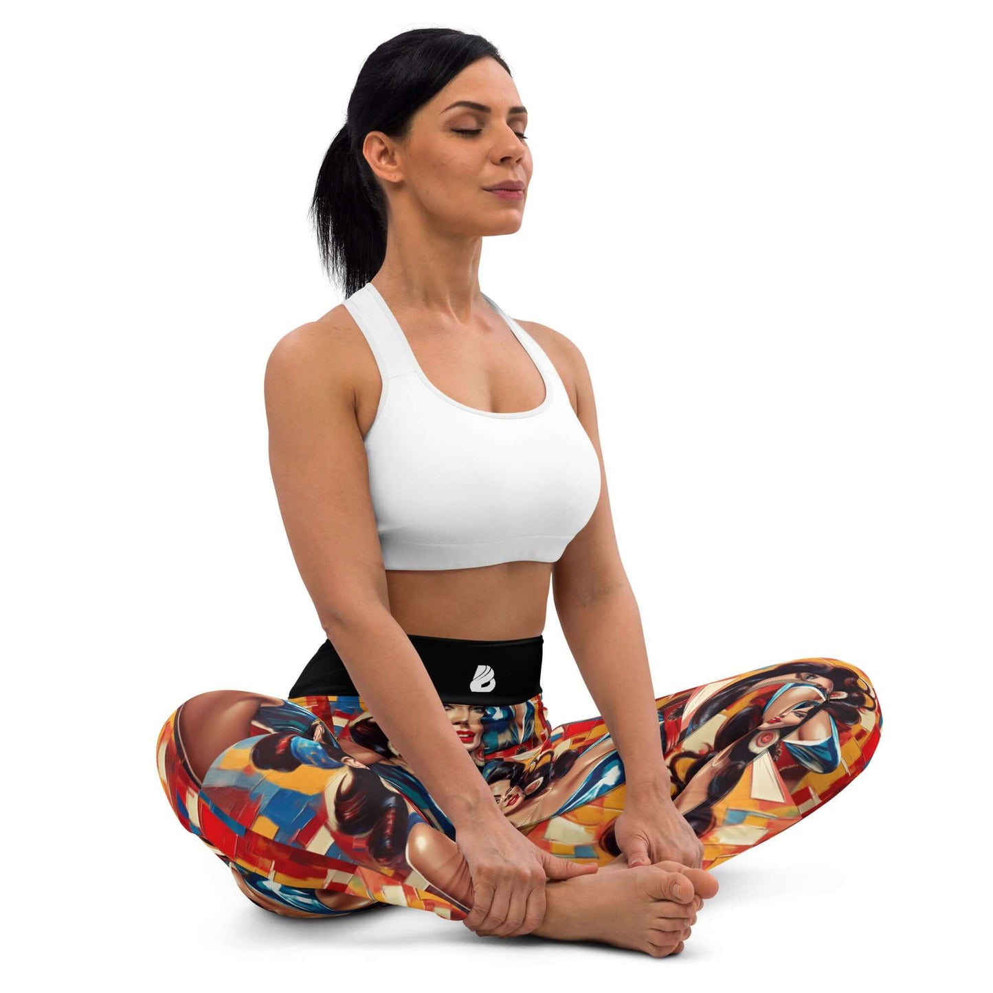 Woman practicing yoga in colorful Yoga-Leggings N°48, showcasing comfort and flexibility with high waistband.