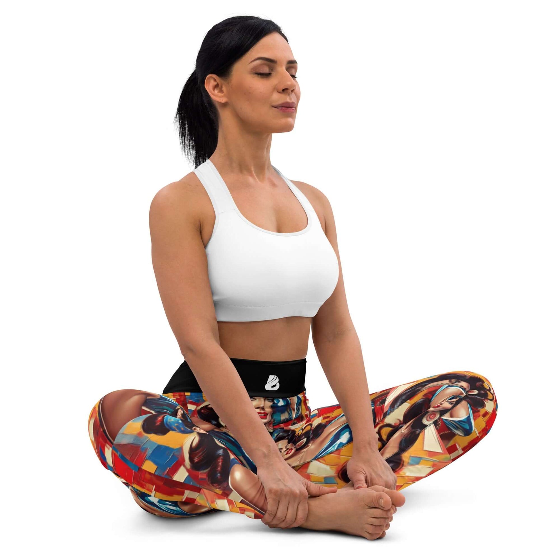 Woman practicing yoga in colorful Yoga-Leggings N°48, showcasing comfort and flexibility with high waistband.