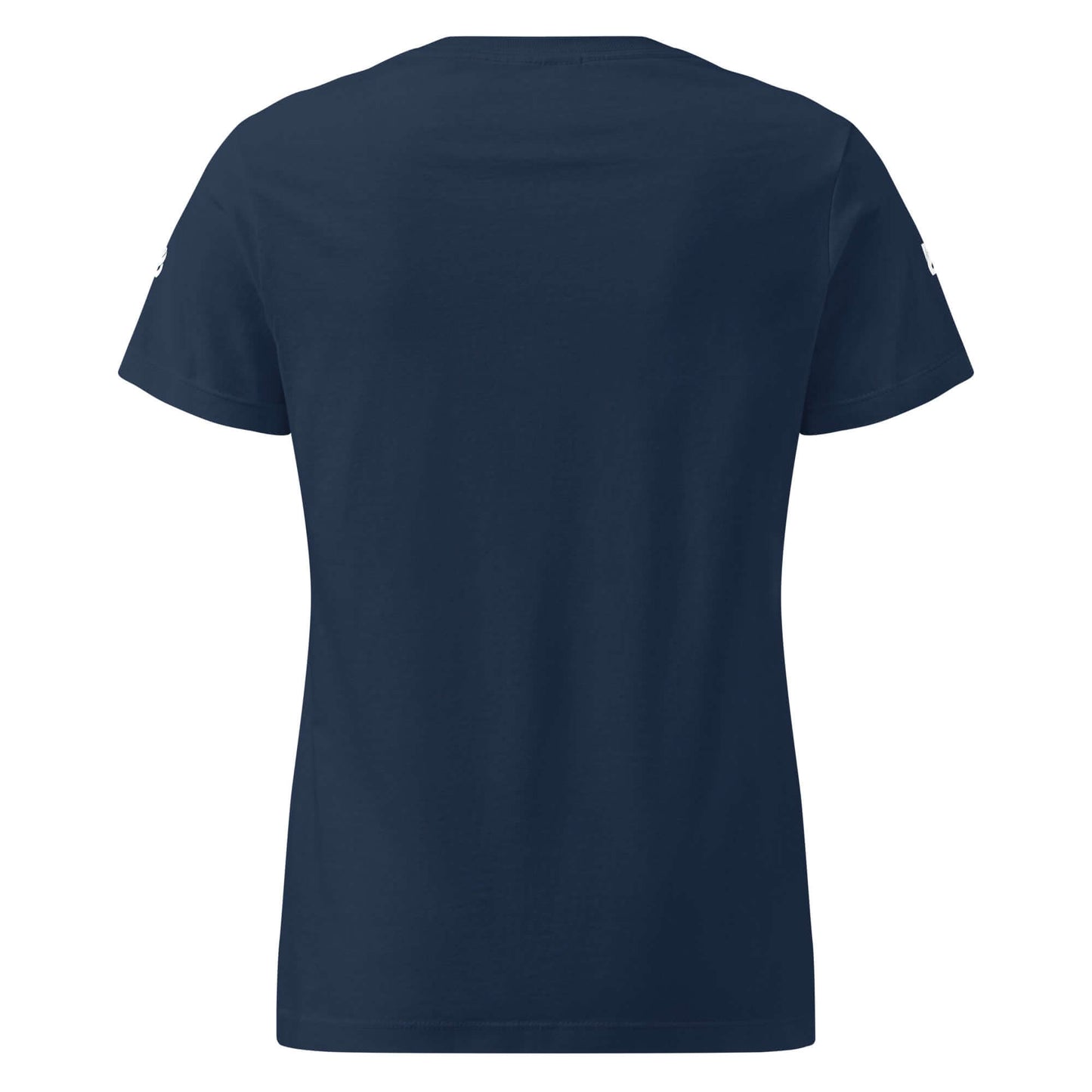 Rückansicht eines Basic Softstyle T-Shirts für Damen in dunkelblau, leicht tailliert und aus 100 % Baumwolle.