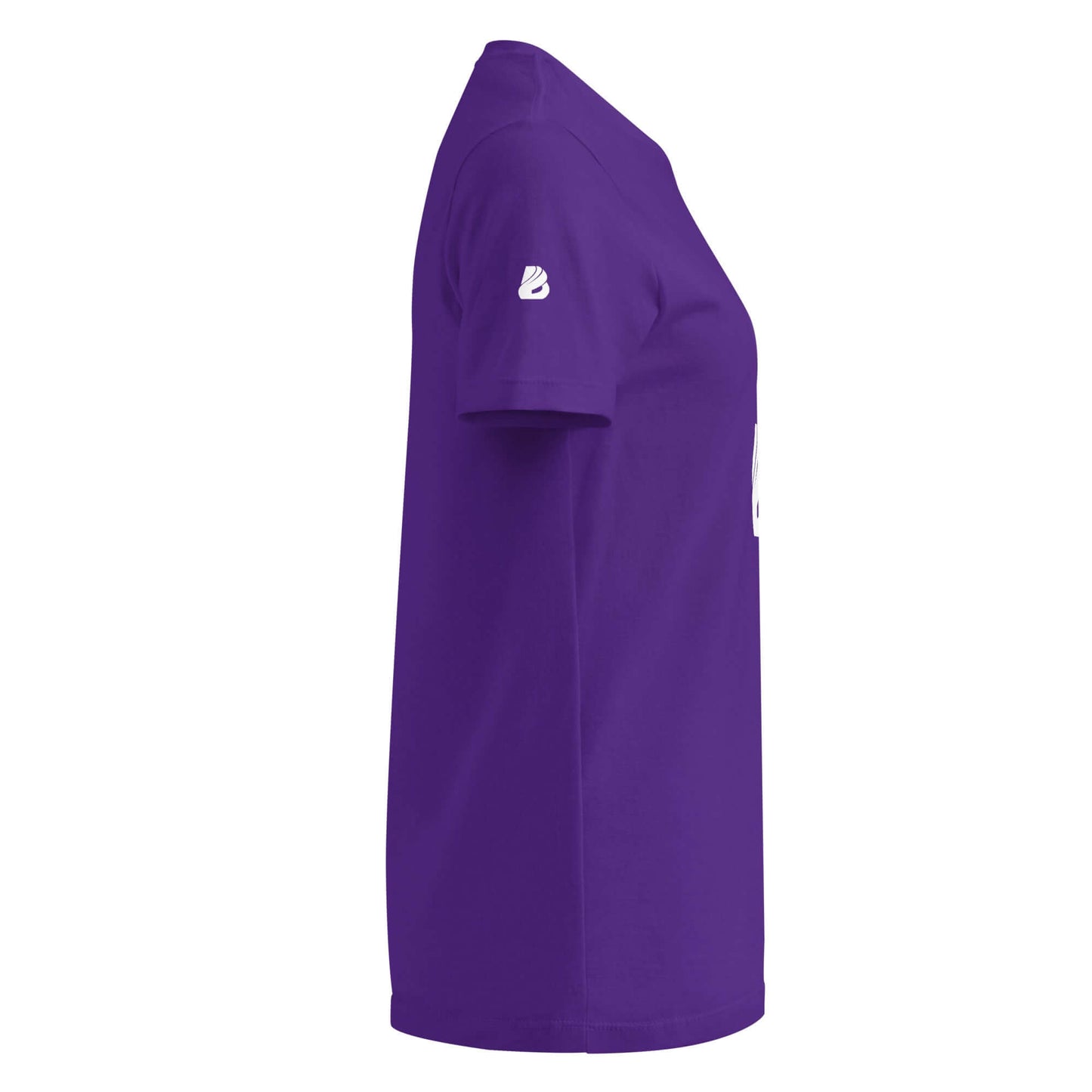 Side view of a purple Basic Softstyle T-Shirt für Damen, featuring a fitted design and soft fabric, perfect for layering or standalone wear.