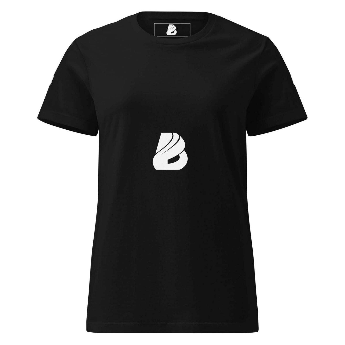 Schwarzes Basic Softstyle T-Shirt für Damen mit weißem Logo auf der Vorderseite.