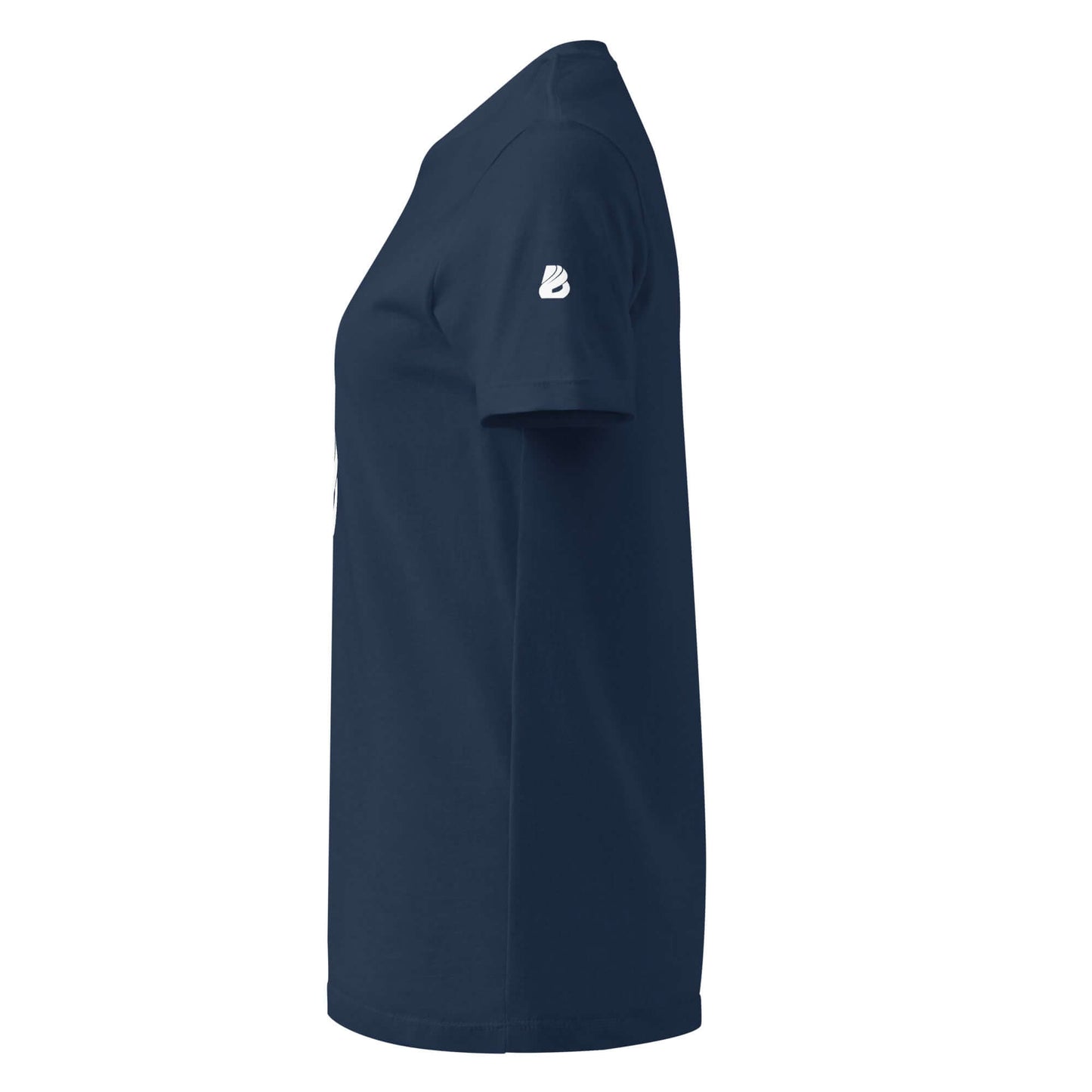 Seitenansicht eines Damenshirts in Navy, leicht tailliert, aus weicher Baumwolle, ideal für jeden Anlass.