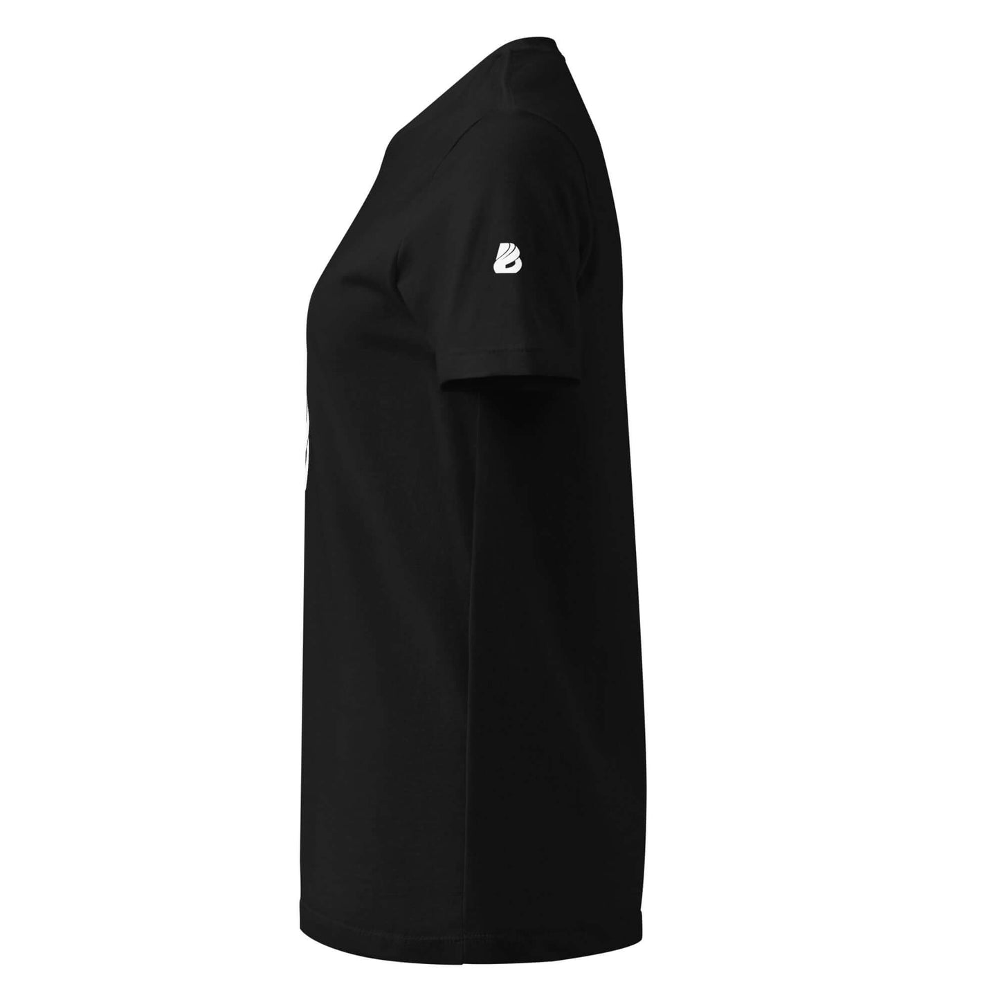 Seitenansicht eines Damen Basic Softstyle T-Shirts in Schwarz, leicht tailliert mit bequemem Schnitt.