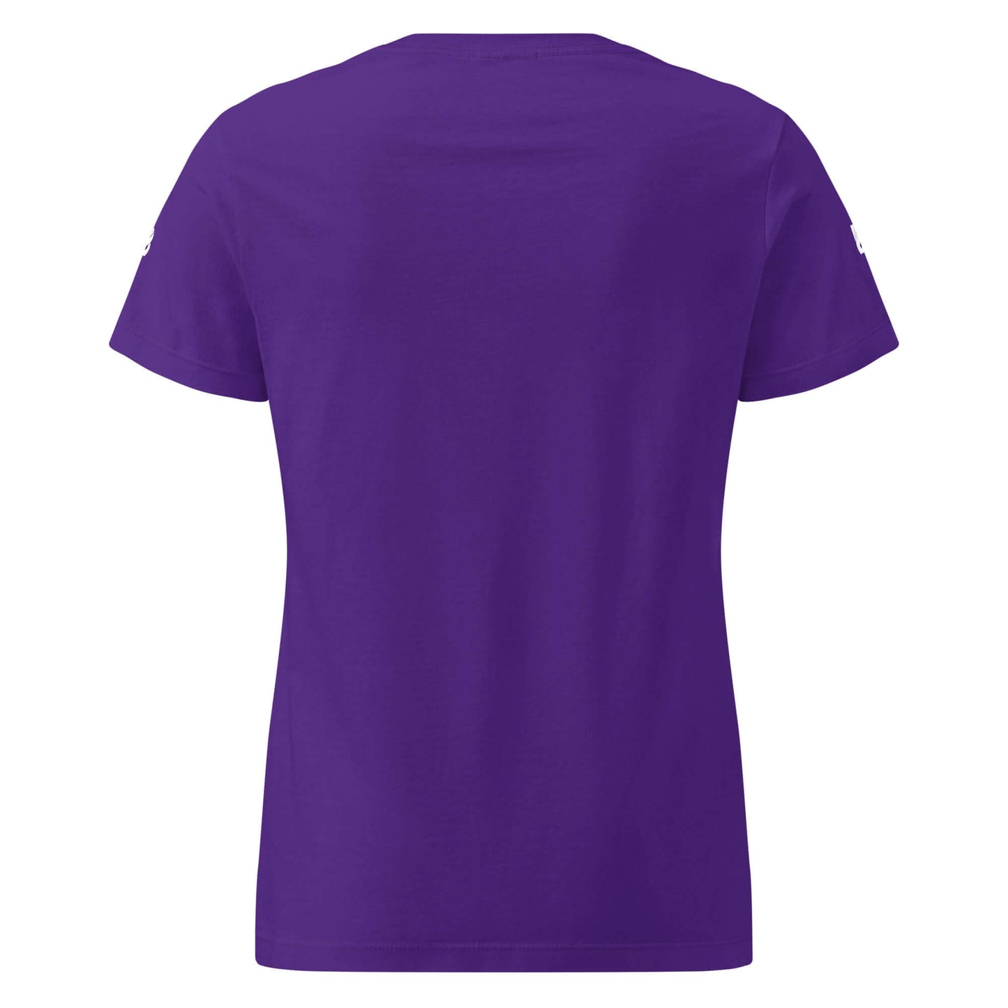 Rückansicht eines lila Damen T-Shirts aus 100 % ringgesponnener Baumwolle, leicht tailliert und locker.