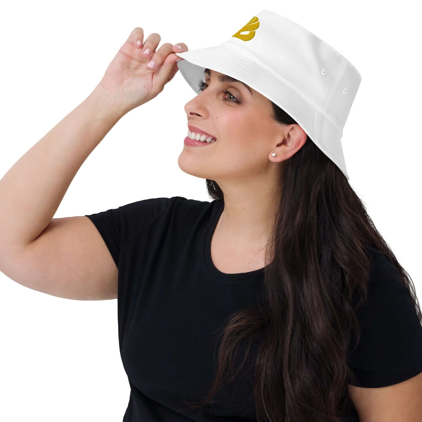 Woman wearing Old School-Fischerhut N°2, vintage-style white bucket hat, perfect for outdoor activities like fishing and hiking.
