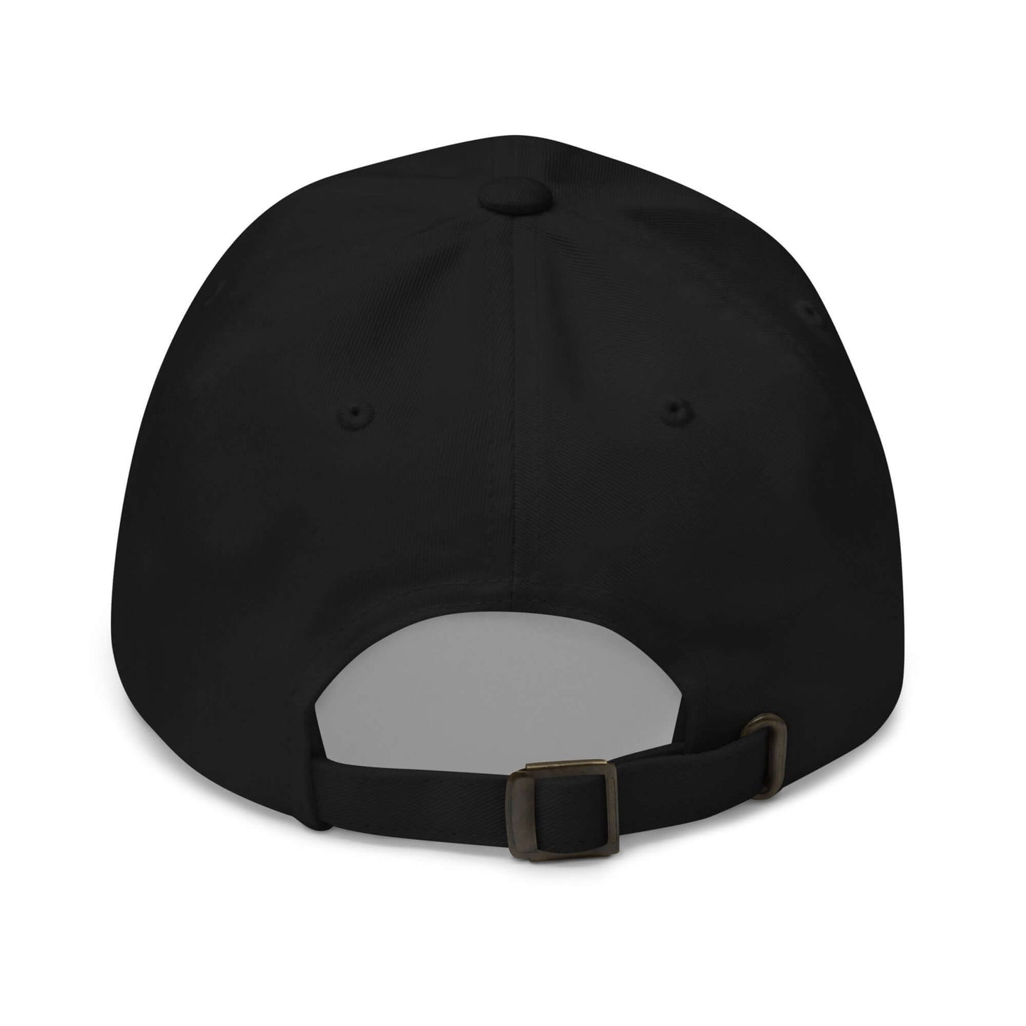 Rear view of black Dad-Hat N°0 with adjustable strap and antique buckle, low profile design, 100% cotton chino cord.