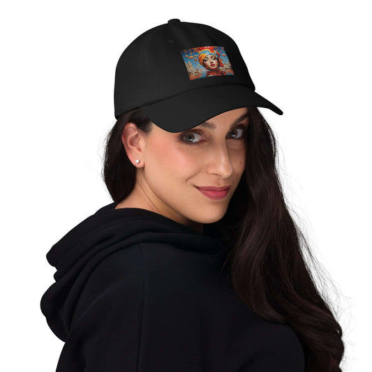 Woman wearing black Dad-Hat N°0 with colorful patch, 100% cotton, low-profile design, and adjustable strap.