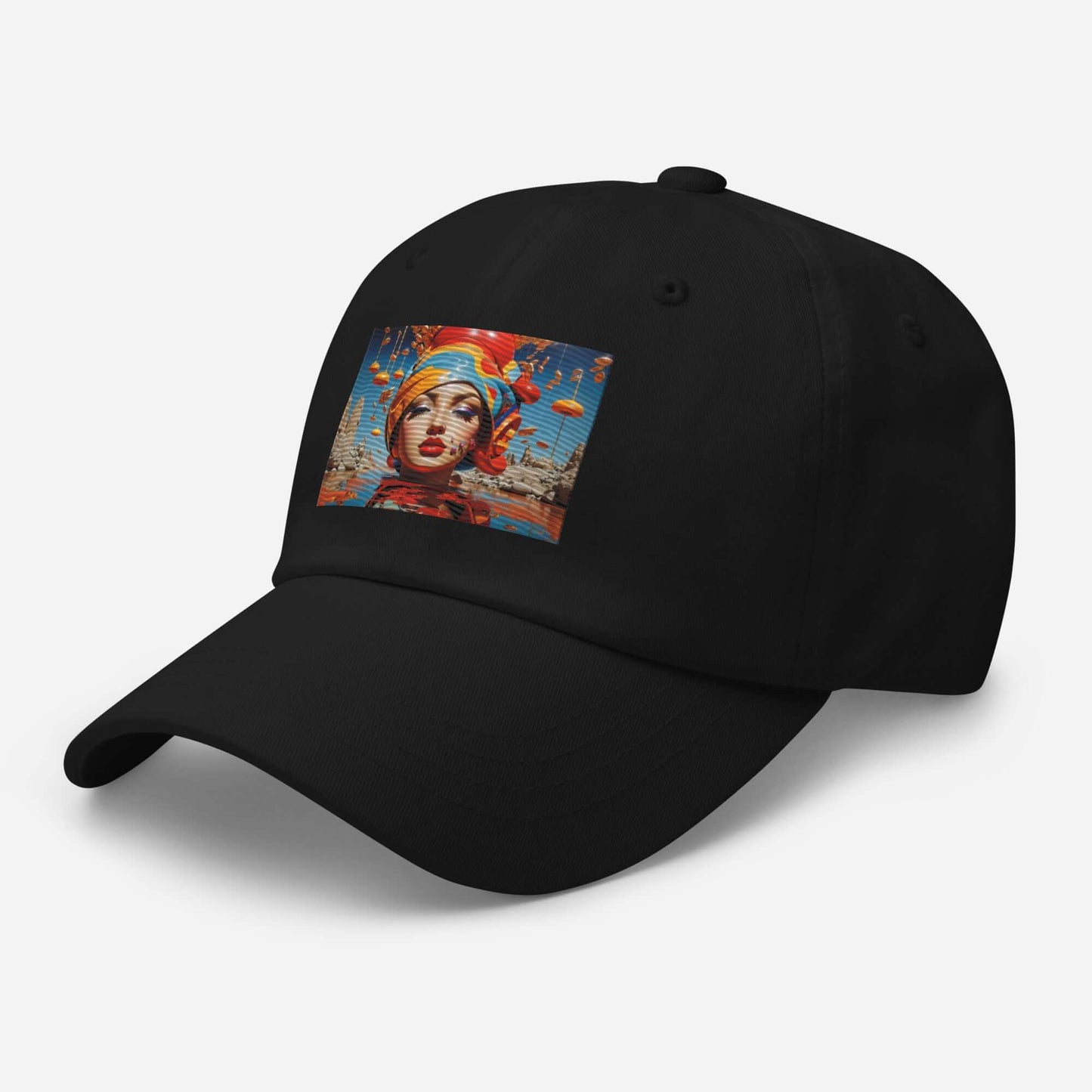 Dad-Hat N°0 black cap with colorful embroidery, adjustable strap, low profile design for a stylish look.