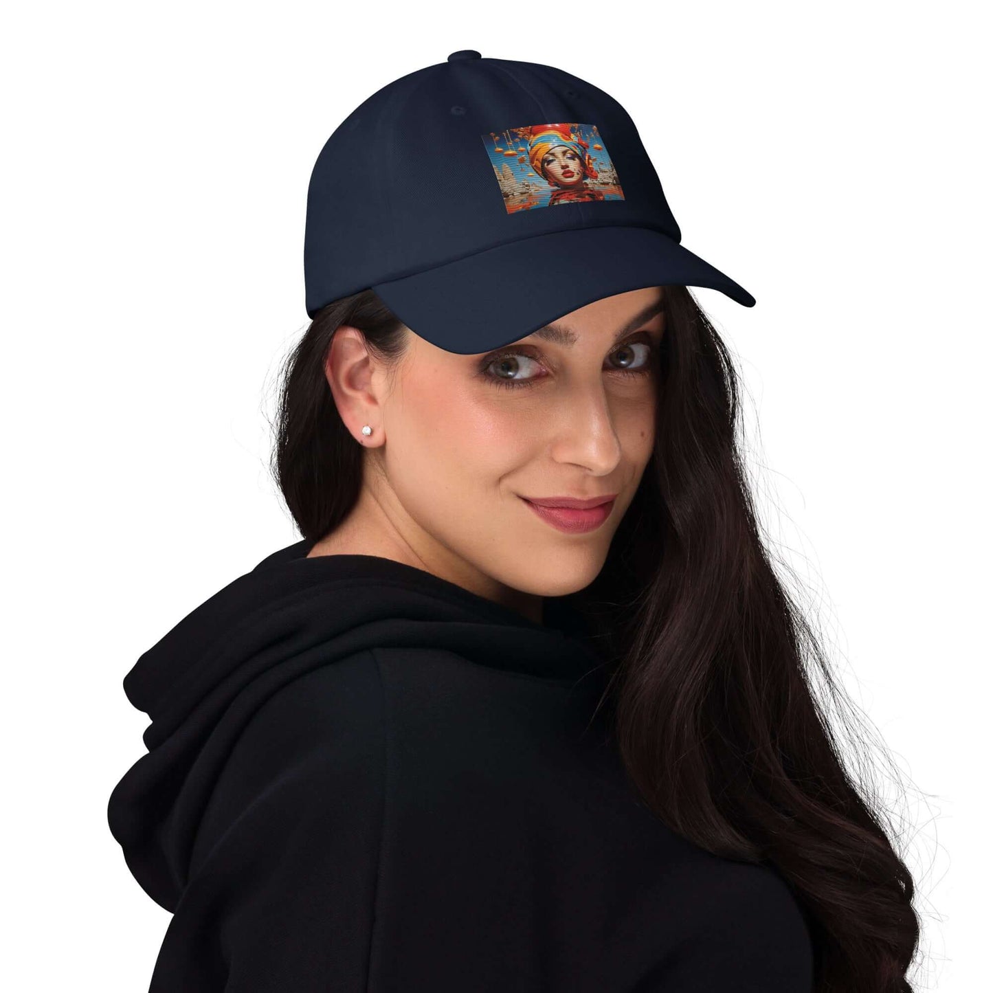 Woman wearing a black Dad-Hat N°0 with colorful patch design, showcasing adjustable strap and curved brim, ideal for casual wear.