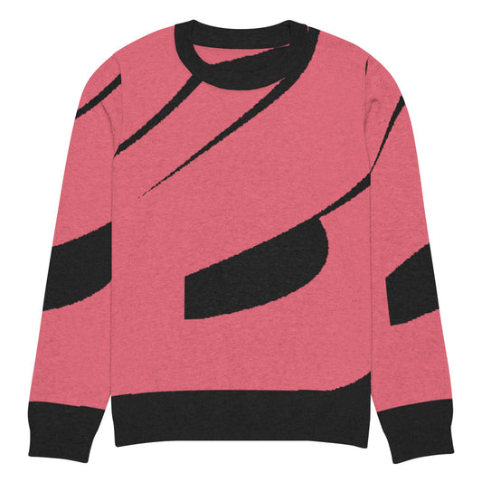 Klassischer Strickpullover mit Rundhalsausschnitt N°0 in pink and black pattern, made from 55% cotton, 45% polyester, unisex size.