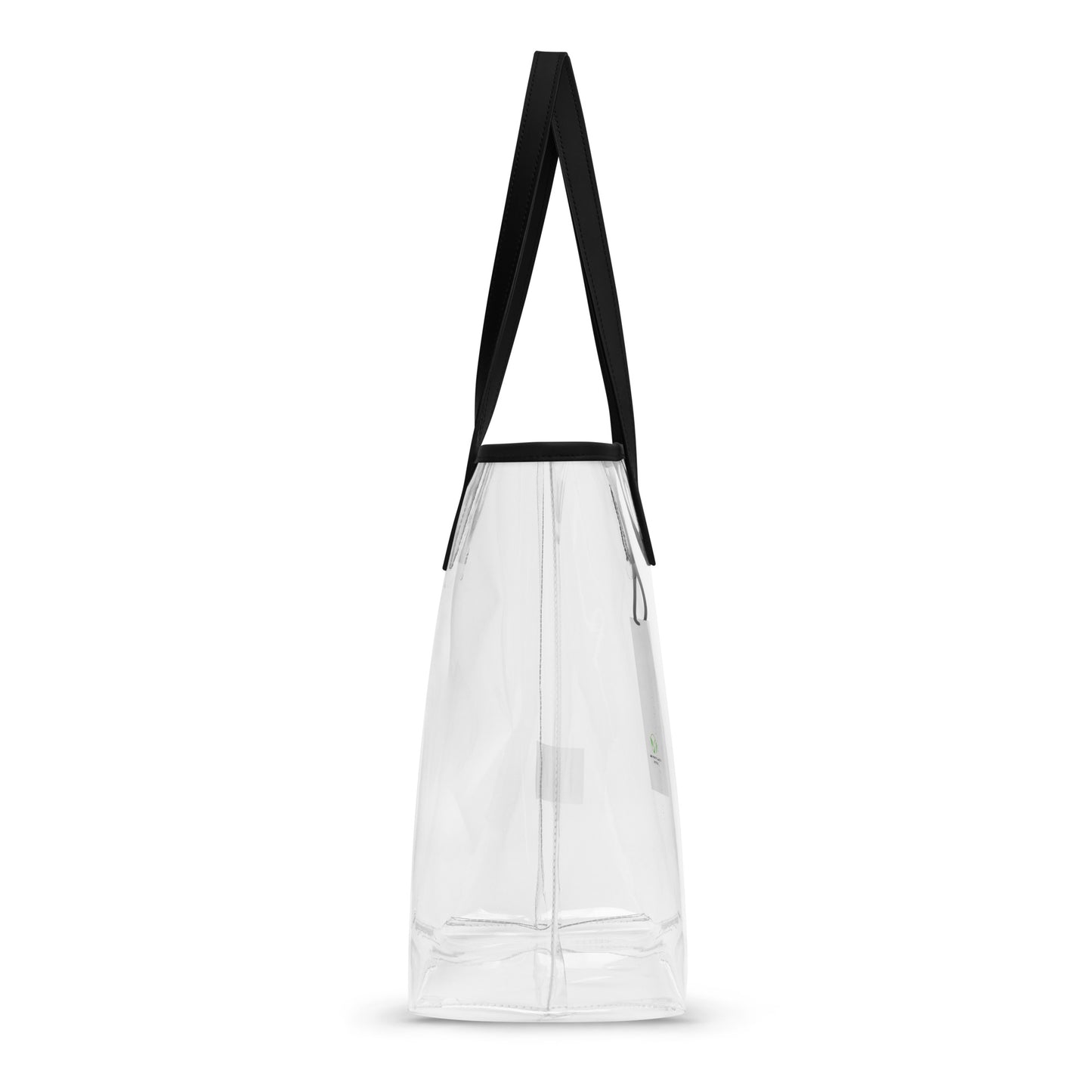 Side view of a transparent clear tote bag with black handles, designed for concerts, beach days, and everyday use. Stylish and durable.