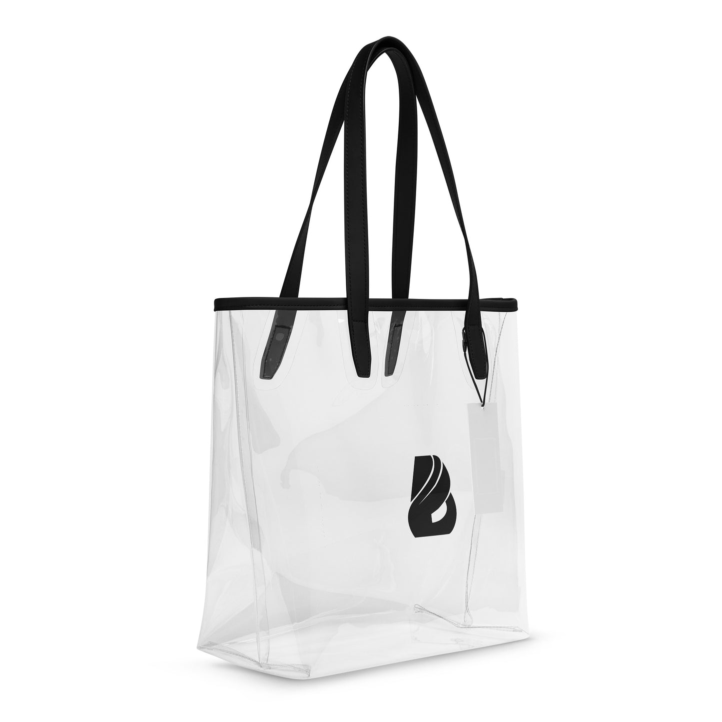 Clear TPU tote bag with black handles, ideal for concerts and beach days, featuring a chic design and durable construction, size 12x6x12 inches.