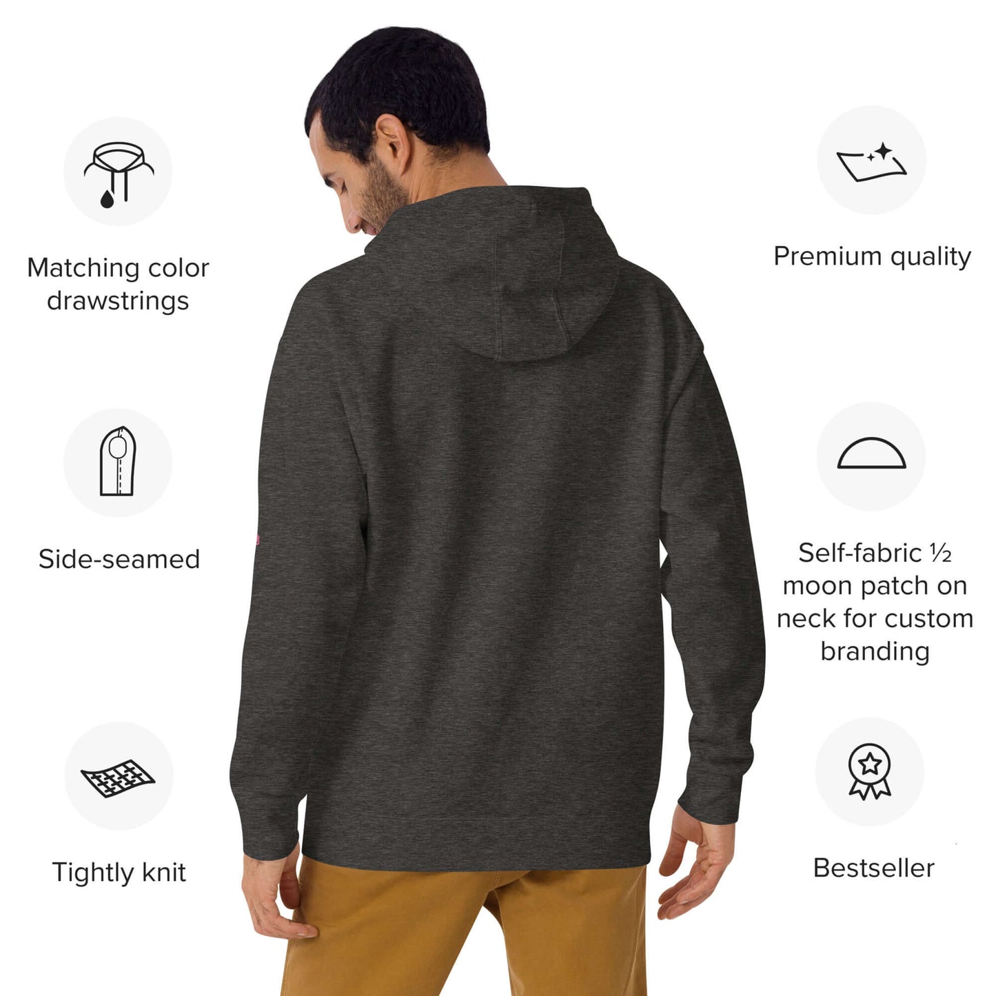 Unisex-Kapuzenpullover in dunkelgrau, einzigartiges Design, hochwertige Materialien, ideal für kalte Abende, praktische Beuteltasche.