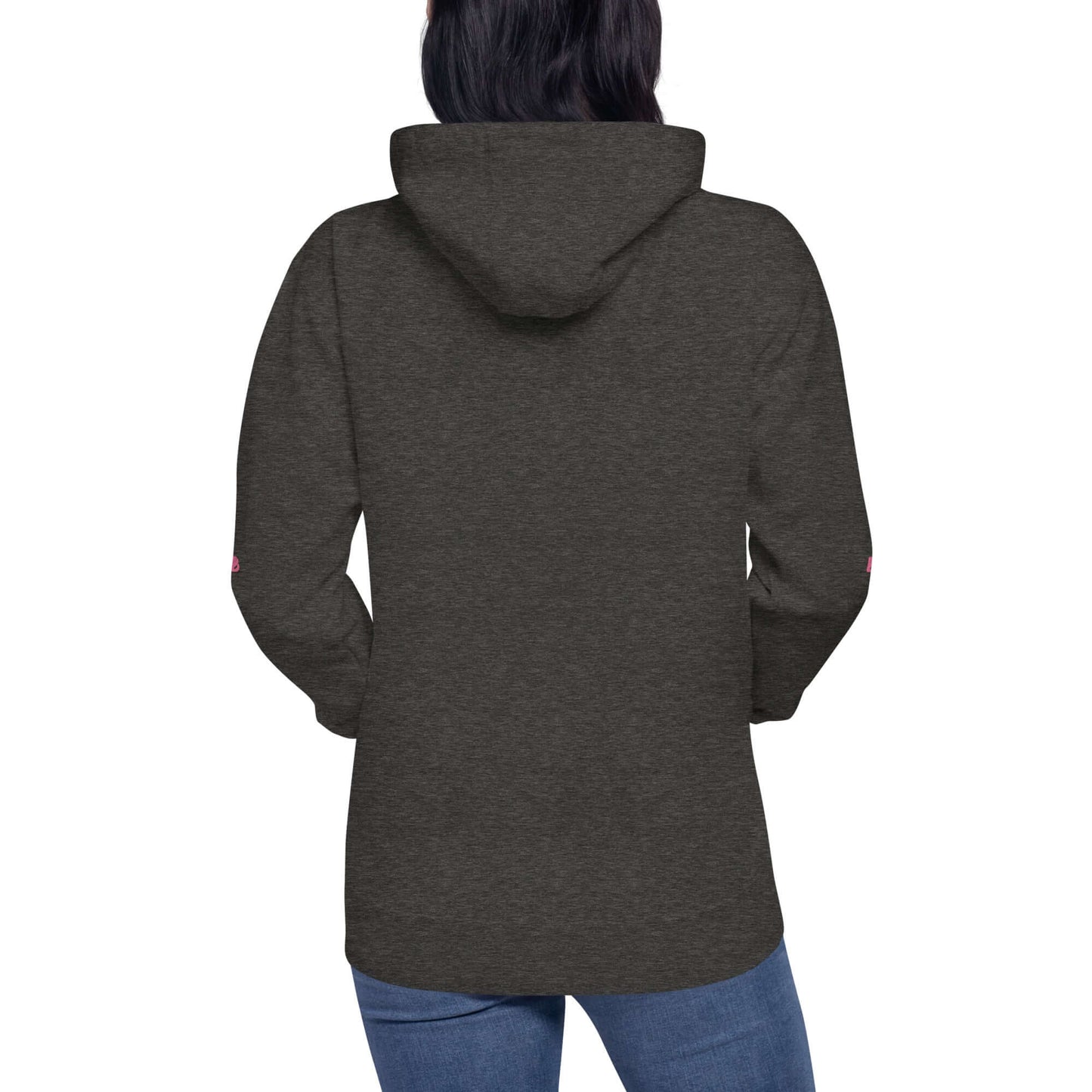 Back view of charcoal unisex hoodie with hood, showcasing the soft fabric and classic streetwear style. Unisex-Kapuzenpullover.