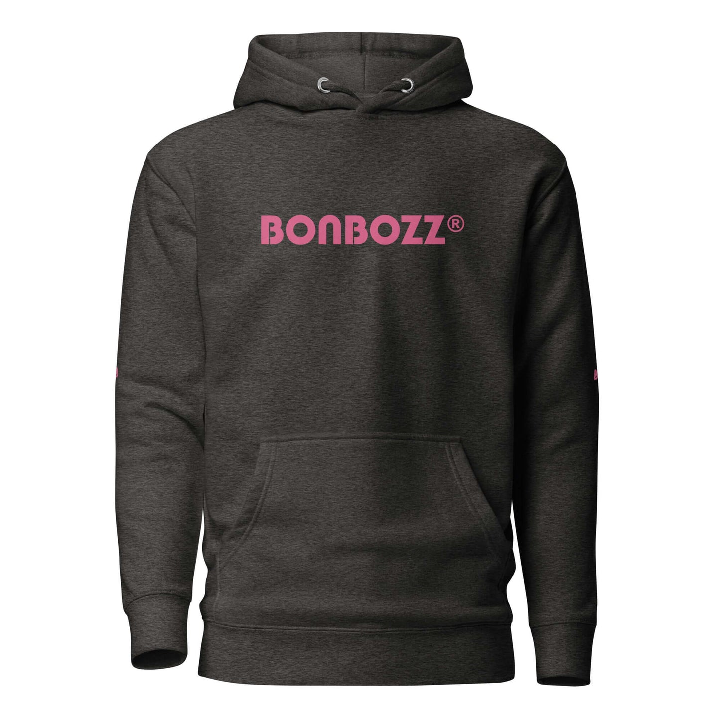 Unisex-Kapuzenpullover mit Beuteltasche und pinkem Logo auf der Vorderseite, aus weichem Baumwoll-Polyester-Gemisch, ideal für kühle Abende.