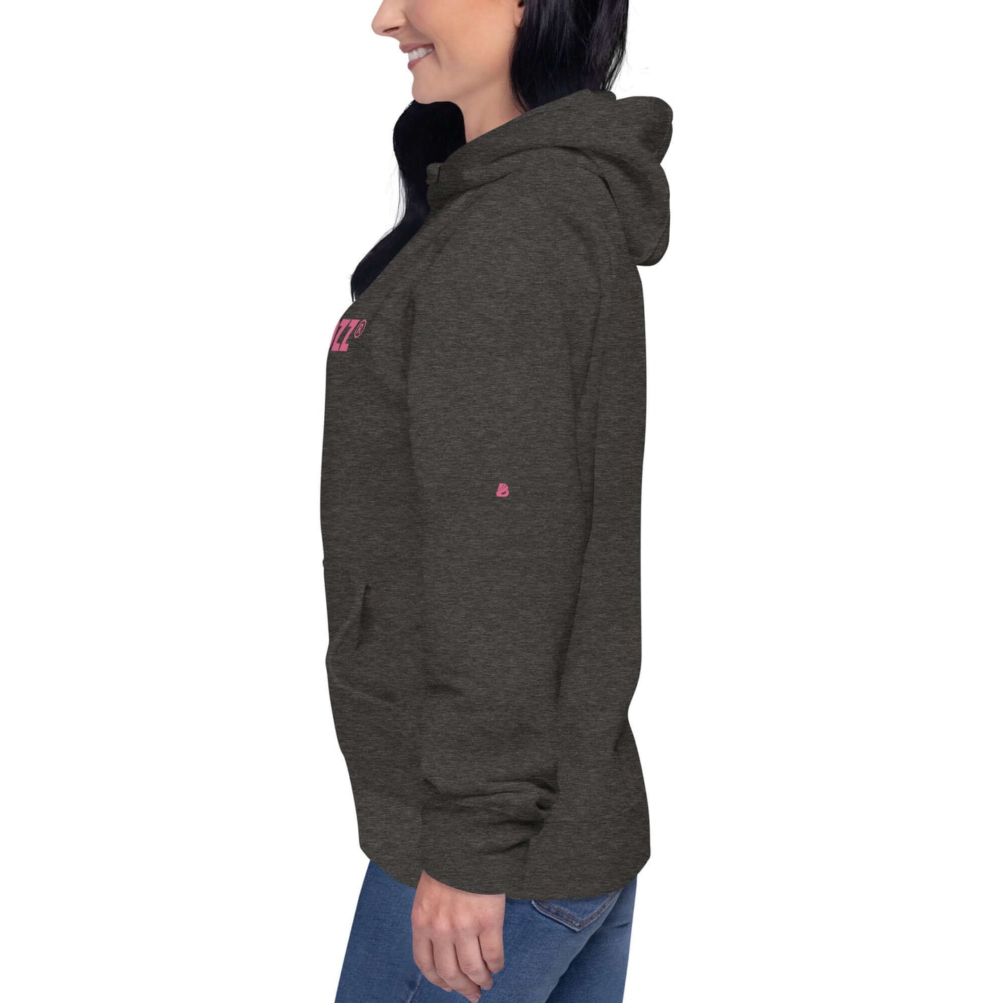 Side view of woman wearing dark gray Unisex-Kapuzenpullover with front pocket and hood.