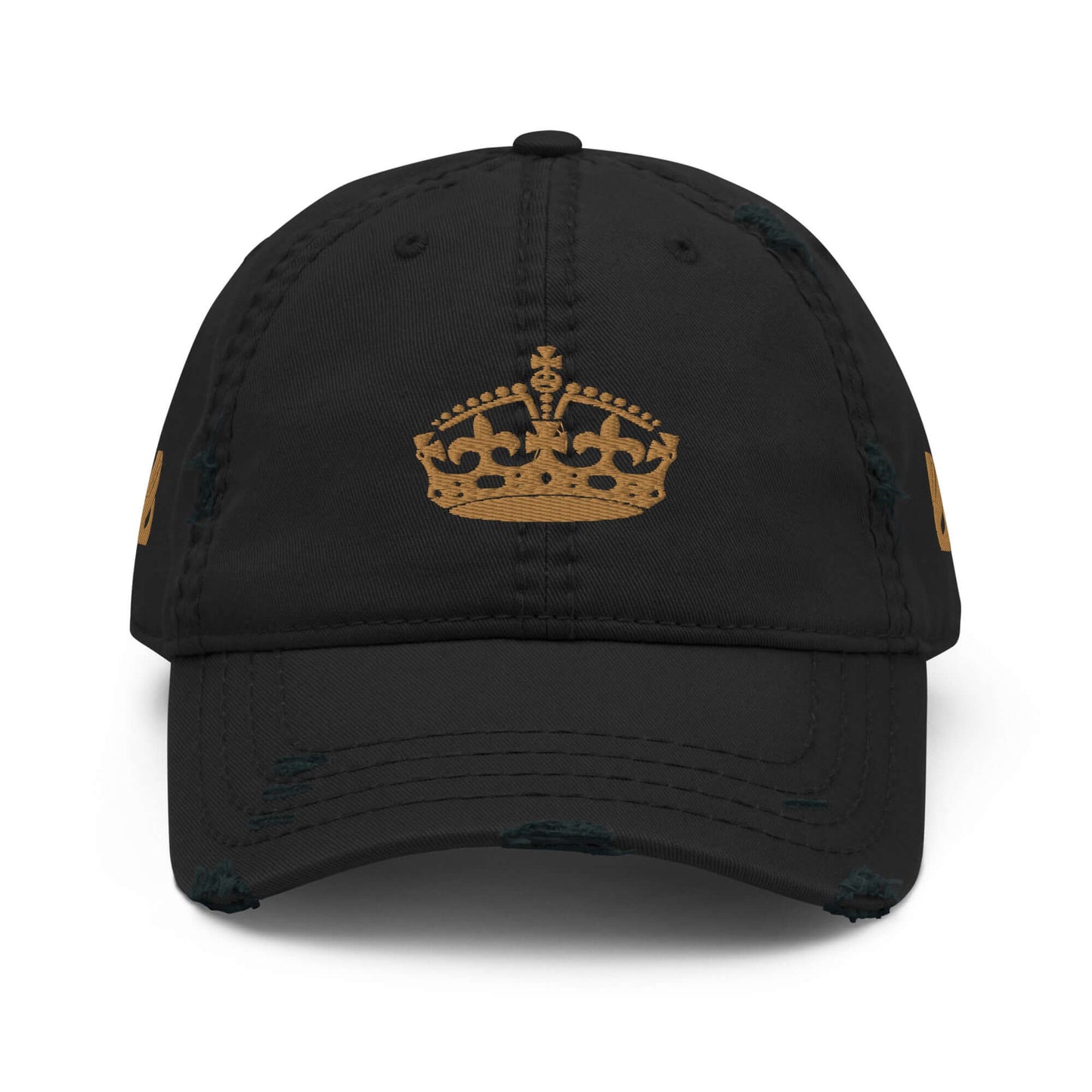 Dad-Hat im Used-Look N°0 with a golden crown design on the front. Stylish cap with distressed details, perfect for casual outfits.