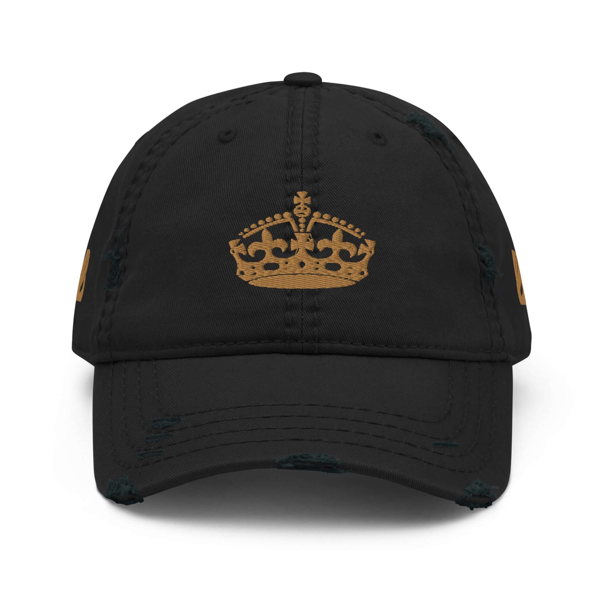 Dad-Hat im Used-Look N°0 with a golden crown design on the front. Stylish cap with distressed details, perfect for casual outfits.