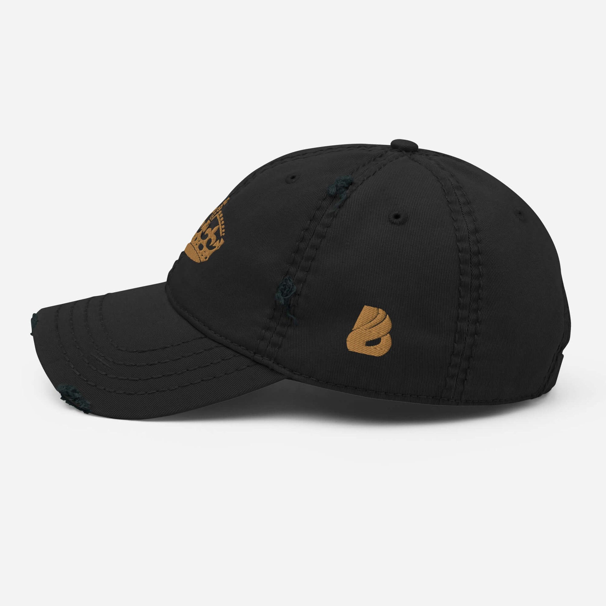 Dad-Hat im Used-Look N°0 in black with embroidered designs, side view displaying soft crown and curved brim, perfect for casual wear.