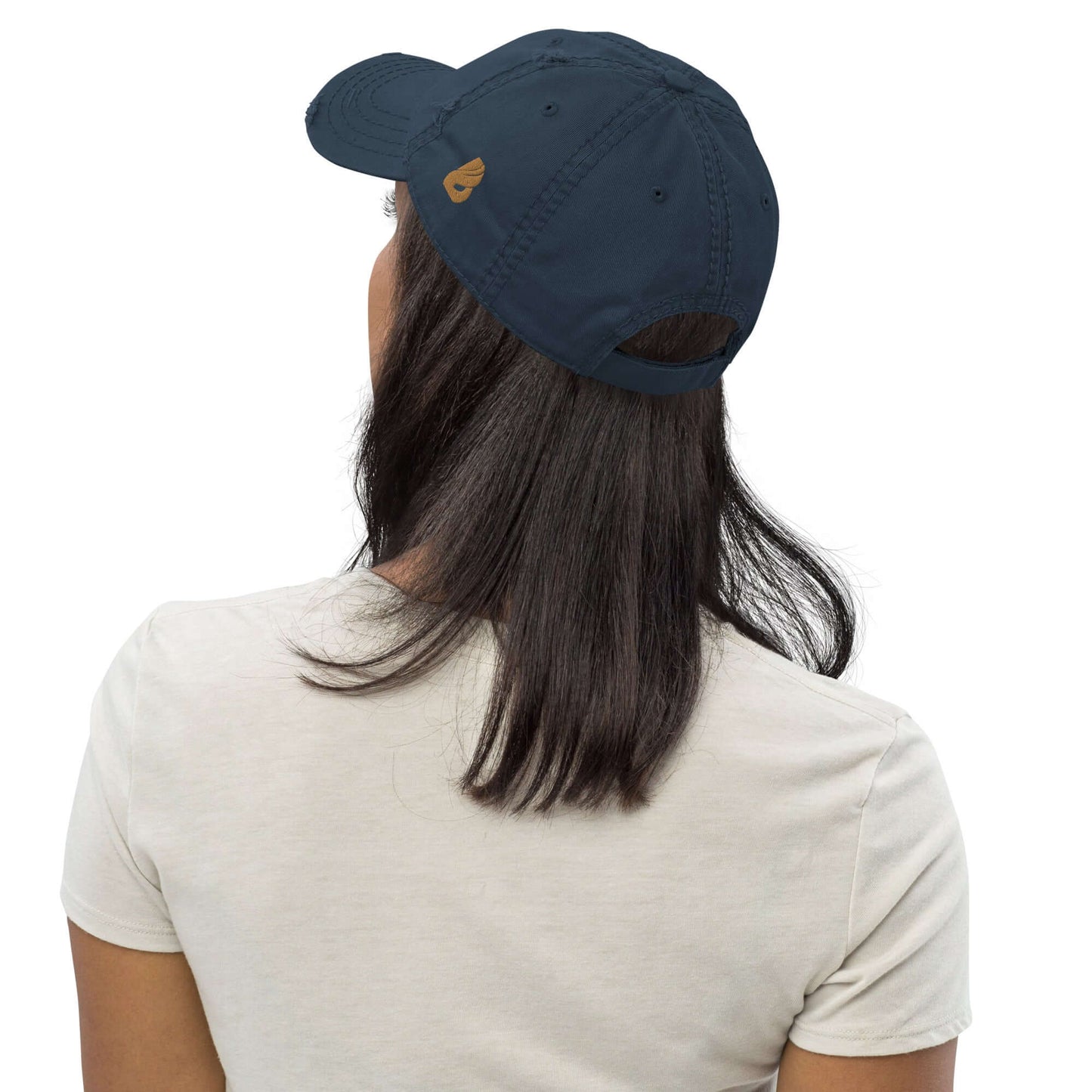 Person wearing a navy Dad-Hat im Used-Look N°0 with a soft crown and low-profile design, viewed from the back.