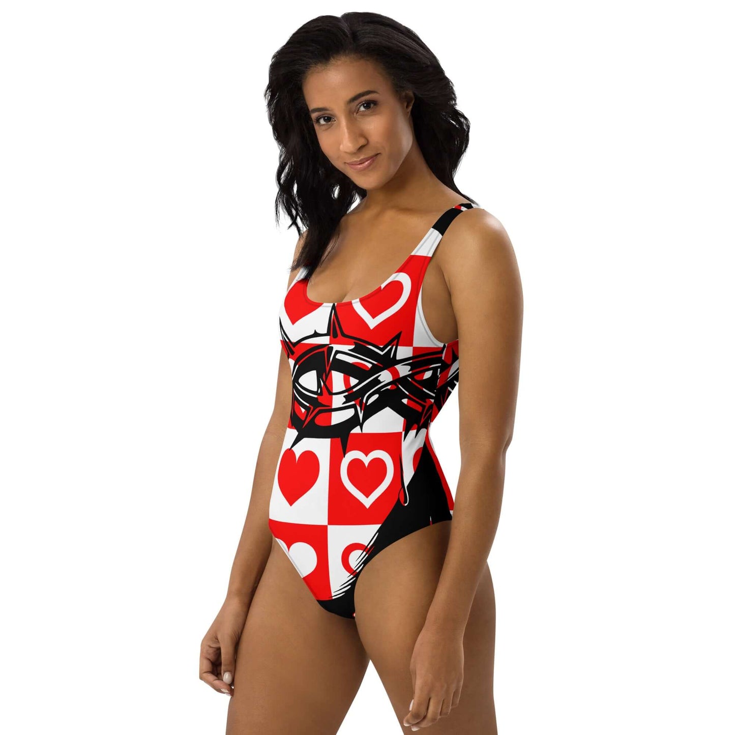 Einteiliger Badeanzug mit herzlichem Design in Rot und Schwarz, ideal für Meer und Pool.