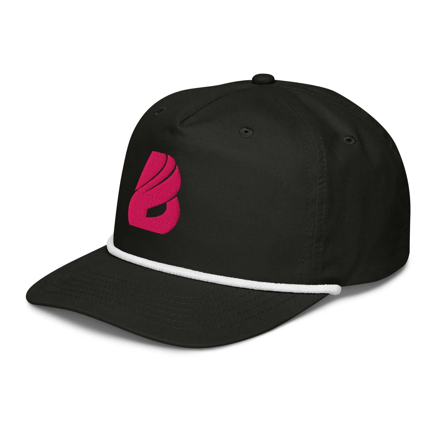 Golfcap with a classic style, featuring a structured fit, contrast band, and adjustable snapback in black with pink logo.