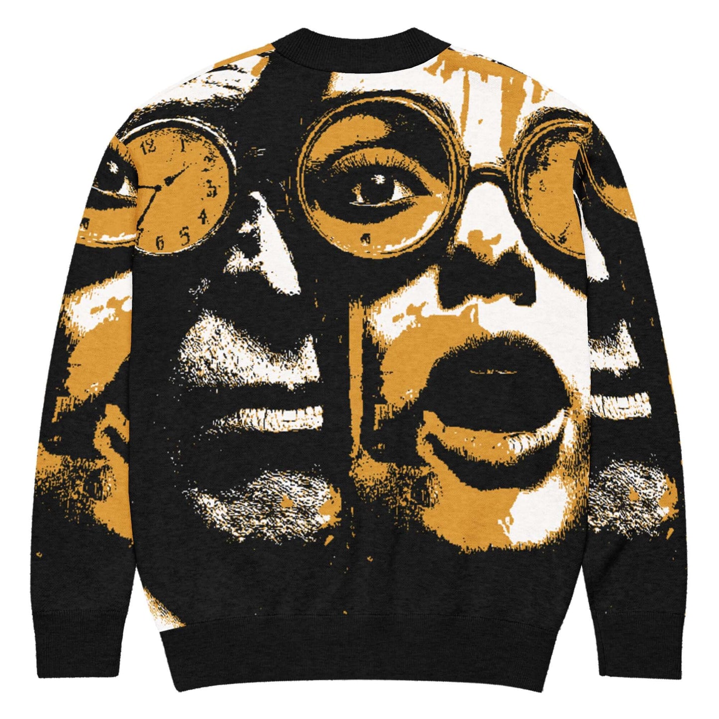 Gestrickter Cardigan with abstract face and clock design in black, white, and orange. Comfortable and stylish knit for all seasons.