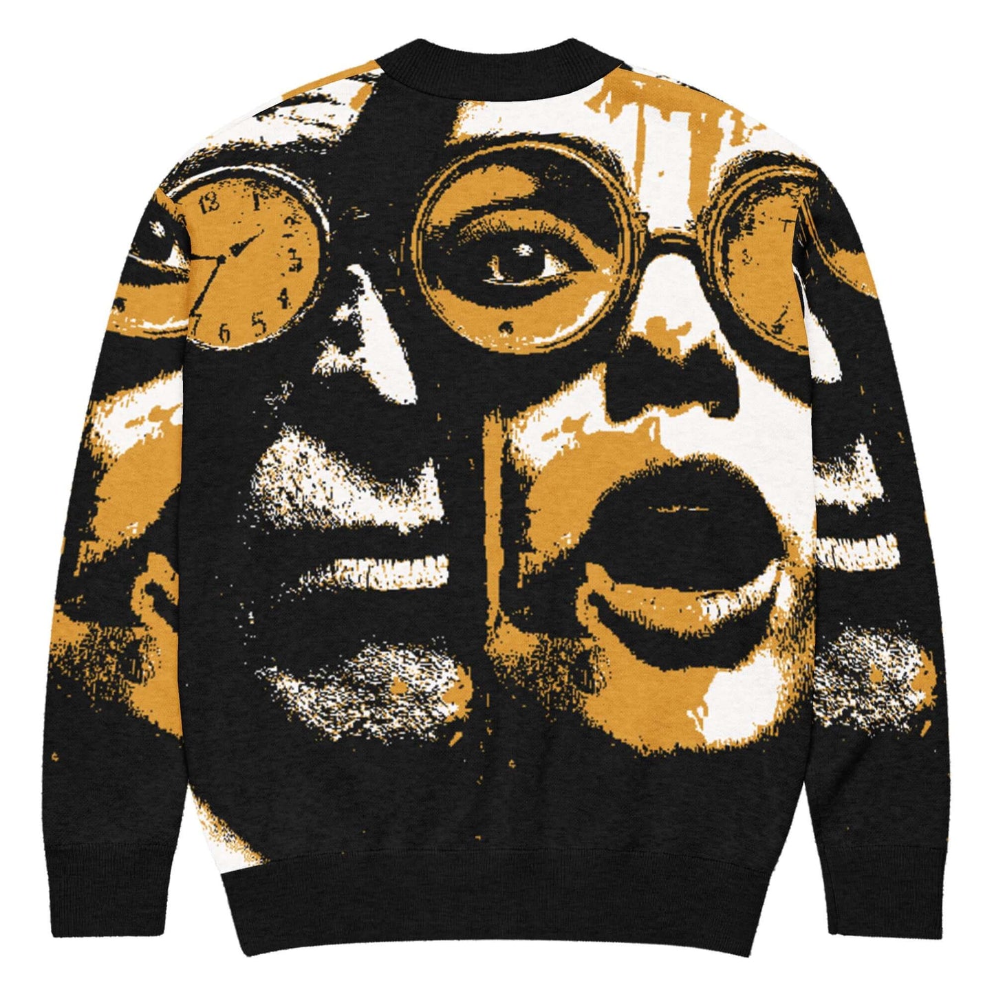 Stylish black cardigan featuring artistic graphics of faces in orange and black for a modern look.