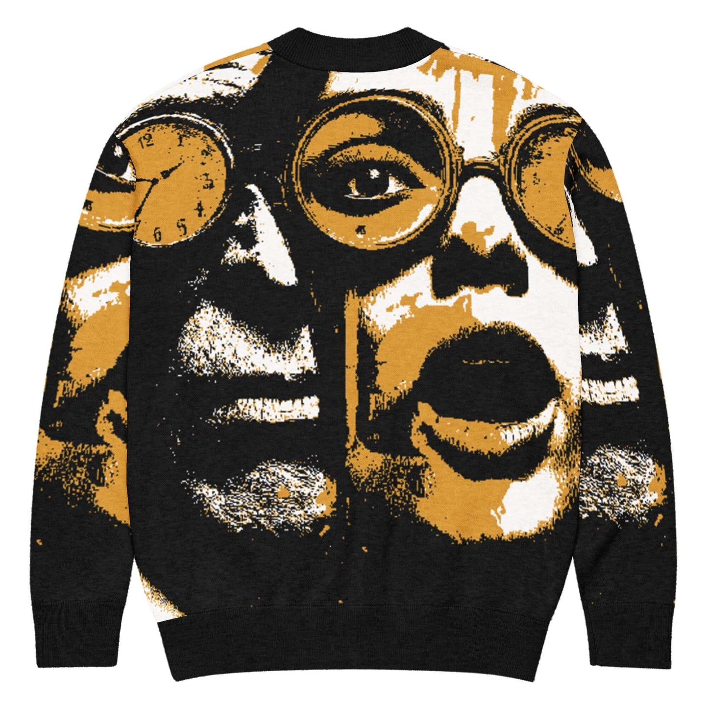 Künstlerischer schwarzer Cardigan mit buntem Grafikdruck und Gesichtern auf der Rückseite.