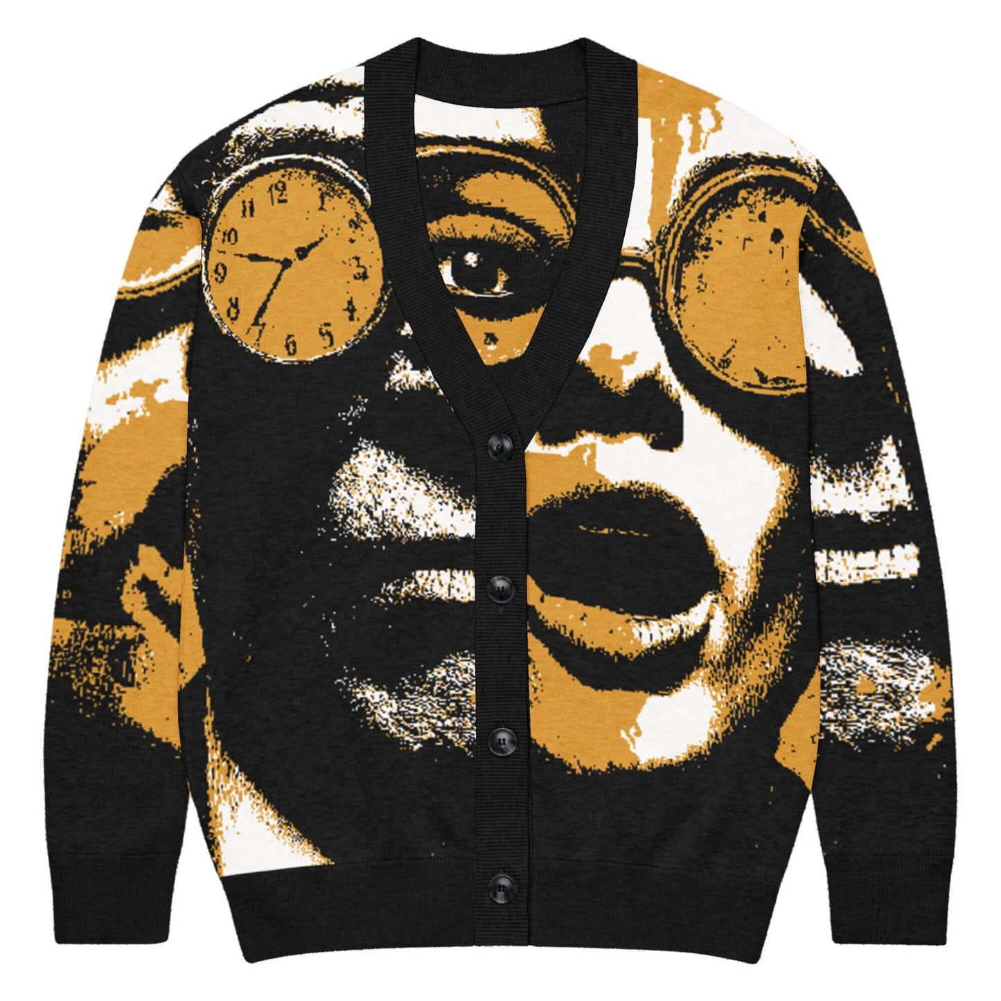 Stylish black cardigan with artistic face design and clock elements, perfect for layering in any season.